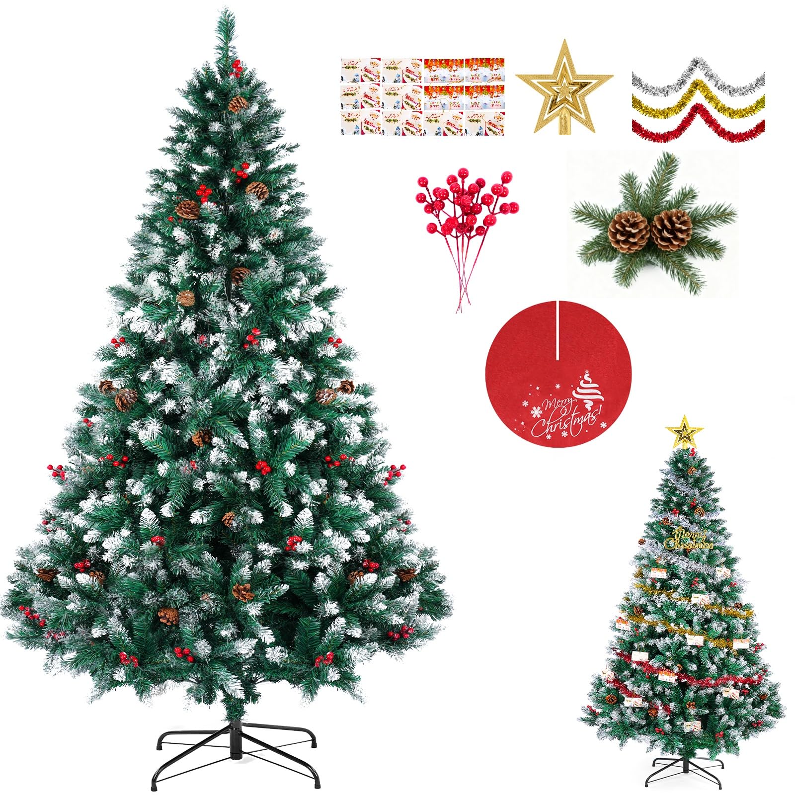 Sapin de Noël Artificiel 180 cm, Arbre de Noel avec 1400 Pointes de Branche, Montage Facile, Pied Pliable de 45 cm, 6 Décorations Différentes