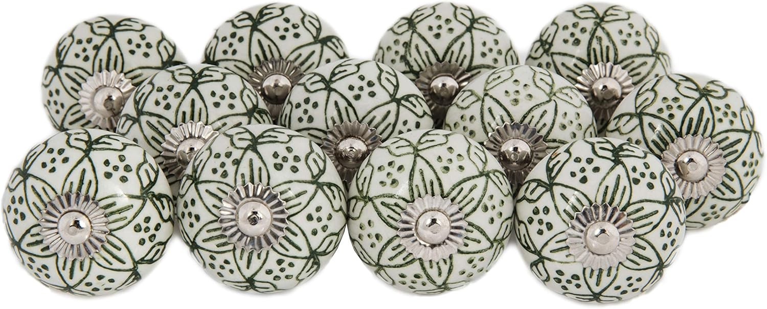 Ceramic Knobs Set of 12 - “Chambal Gardens” Furniture Knobs w/ Reversible Metal Knob Backplate - Handmade Cabinet Handles for Kitchen or Wardrobe - Decorative Knob for Cabinets and Drawers