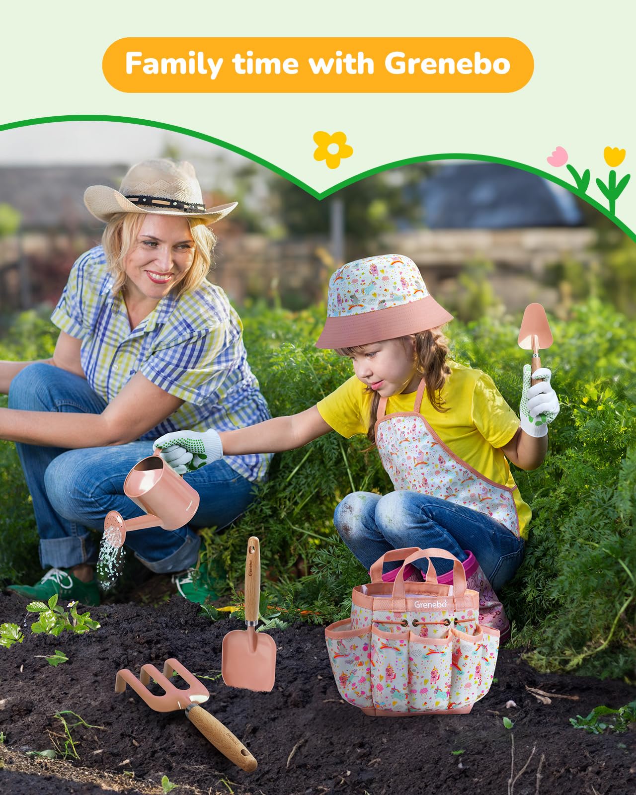 Kids Gardening Tool Set, Sturdy Metal & Wooden Tools for Ages 3-12 with Shovel, Rake, Watering Can, Gloves - Image 4