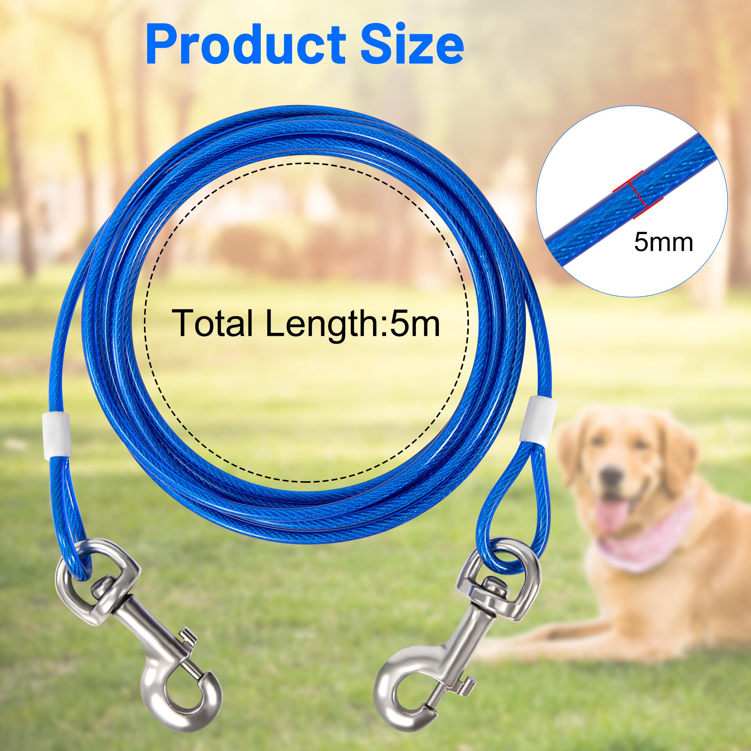 Cavo per Cani Resistente 5m Corda per Cani in Filo D'acciaio Cavo di Collegamento e Cani con Fibbia Rotante in Metallo per Esterni Cortile Campeggio Giardino Blu