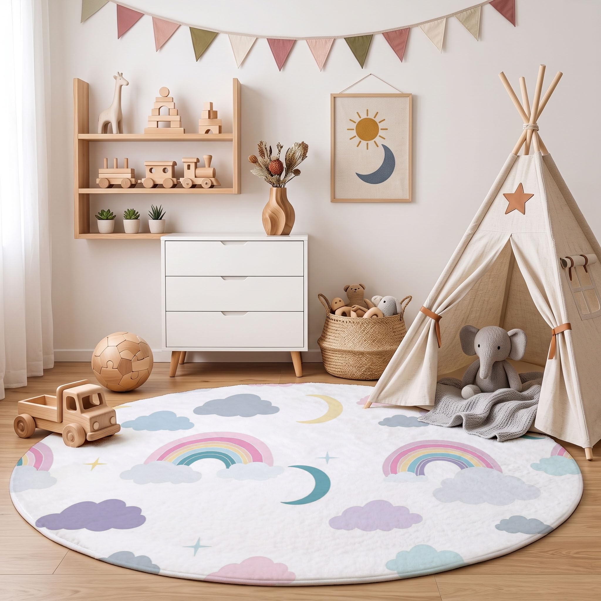 Tapis Poil Court Rond Ciel Minimaliste, Tapis Moelleux Imitation Cachemire Chambre Salon Nuages Lune Arc en Ciel Moquette Doux Lavable pour Salle à Manger Chambre D’Enfant (Bleu Clair, 200cm)