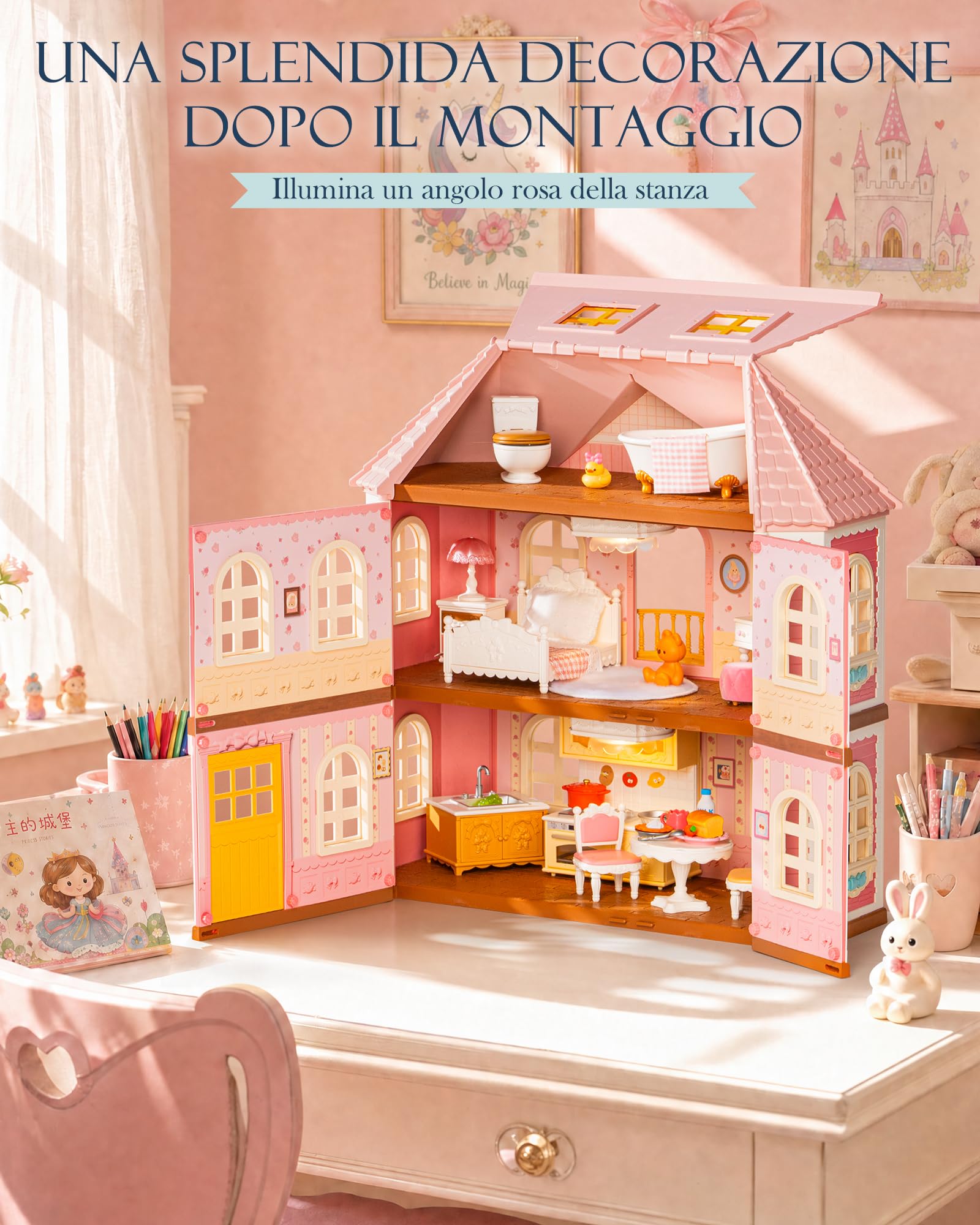 Rolife Kit fai da te in miniatura per casa delle bambole Haley Island Fairy Rose Cottage, villa in stile vittoriano rosa con luci LED, set di assemblaggio fai da te da 178 pezzi, giocattolo e regalo