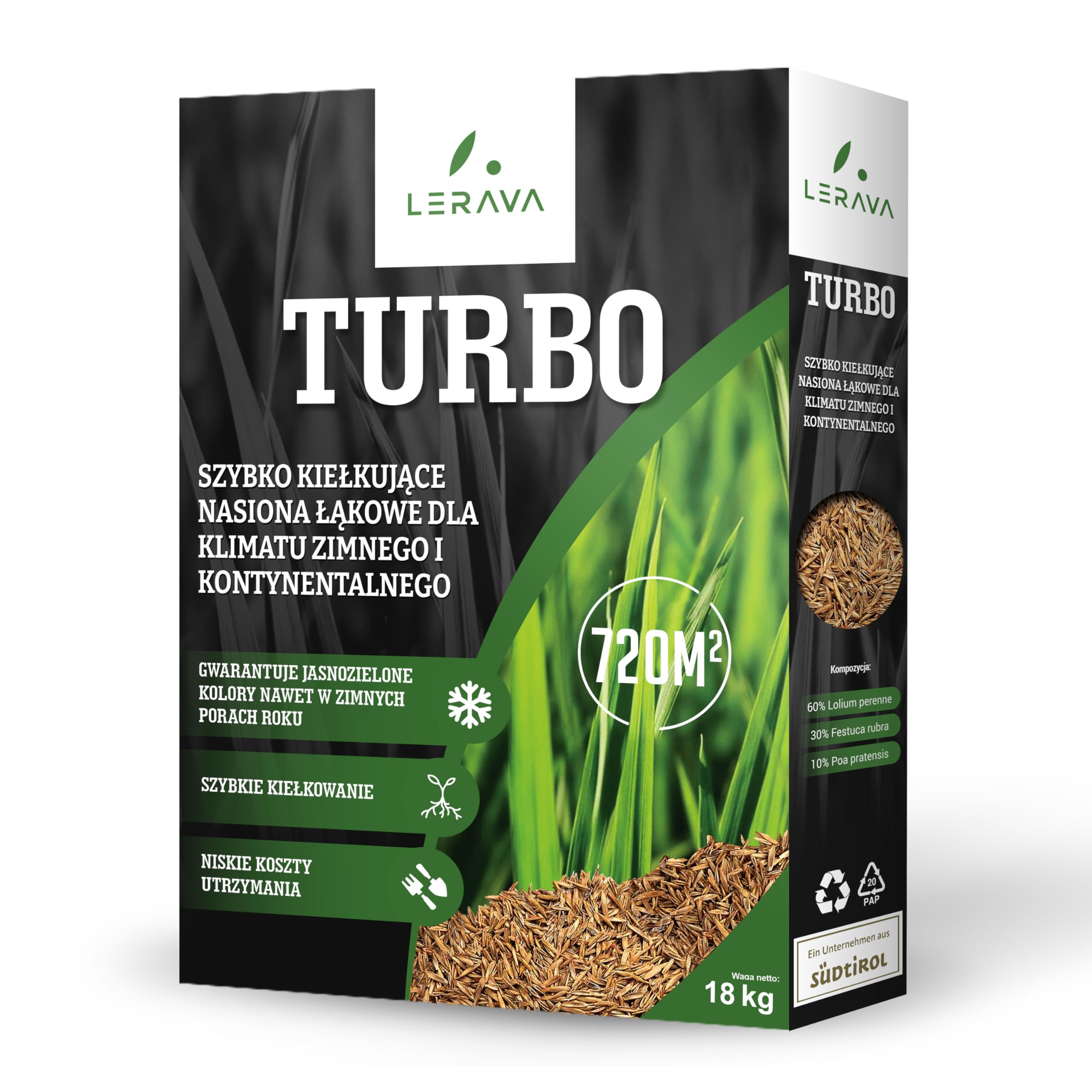 LERAVA TURBO nasiona trawnika (720m²) - szybko kiełkująca mieszanka traw - idealna do chłodnych obszarów - intensywnie zielona trawa do ogrodu i regeneracji trawnika