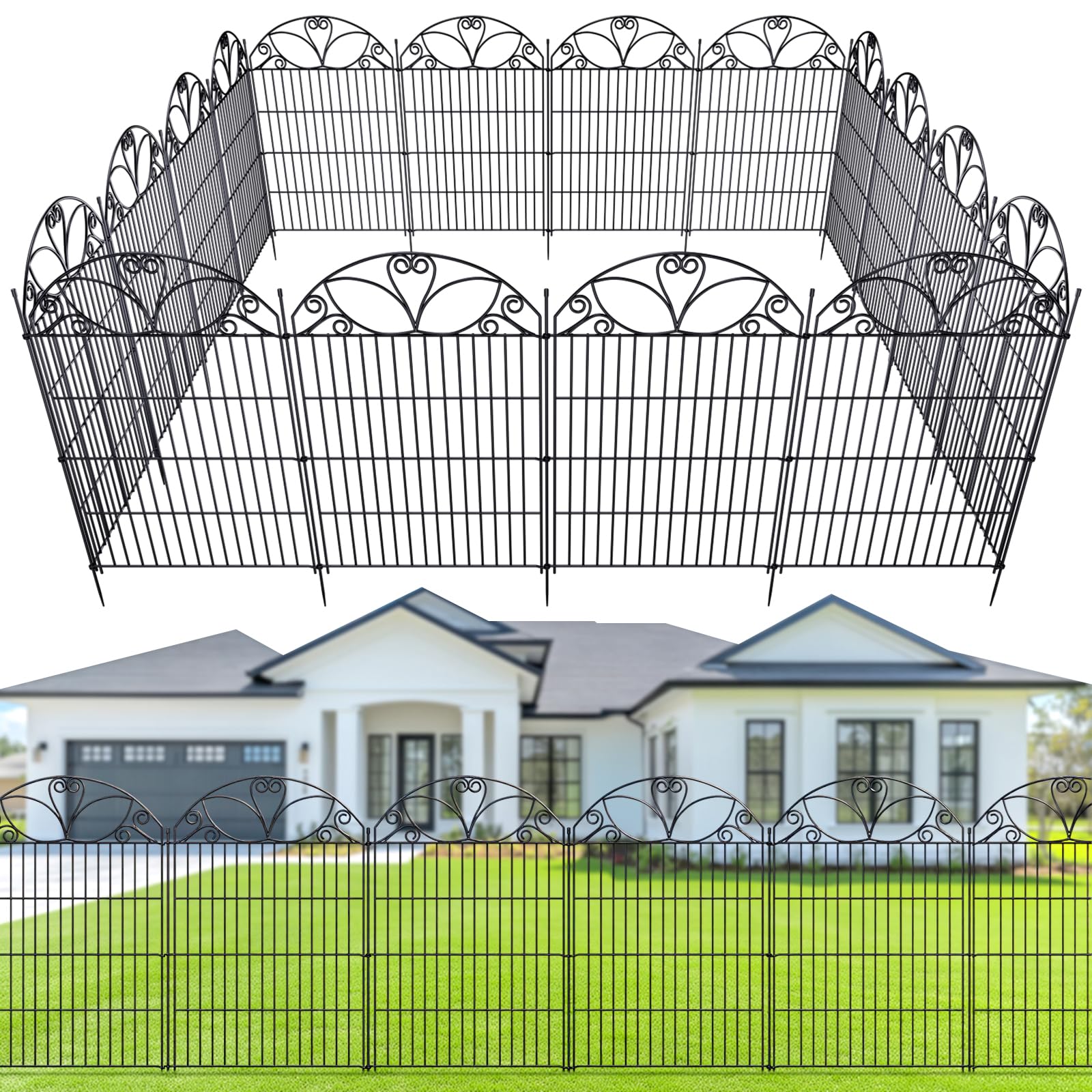 The Fellie Metal Garden Fence Panels 101 cm H x 7 m L, 10 Pack No Dig Rustproof Garden Fencing, Decorative Animal Barrier Border Fence for Dogs, Patio, Lawn, Flower Bed and Yard, Black — image 1