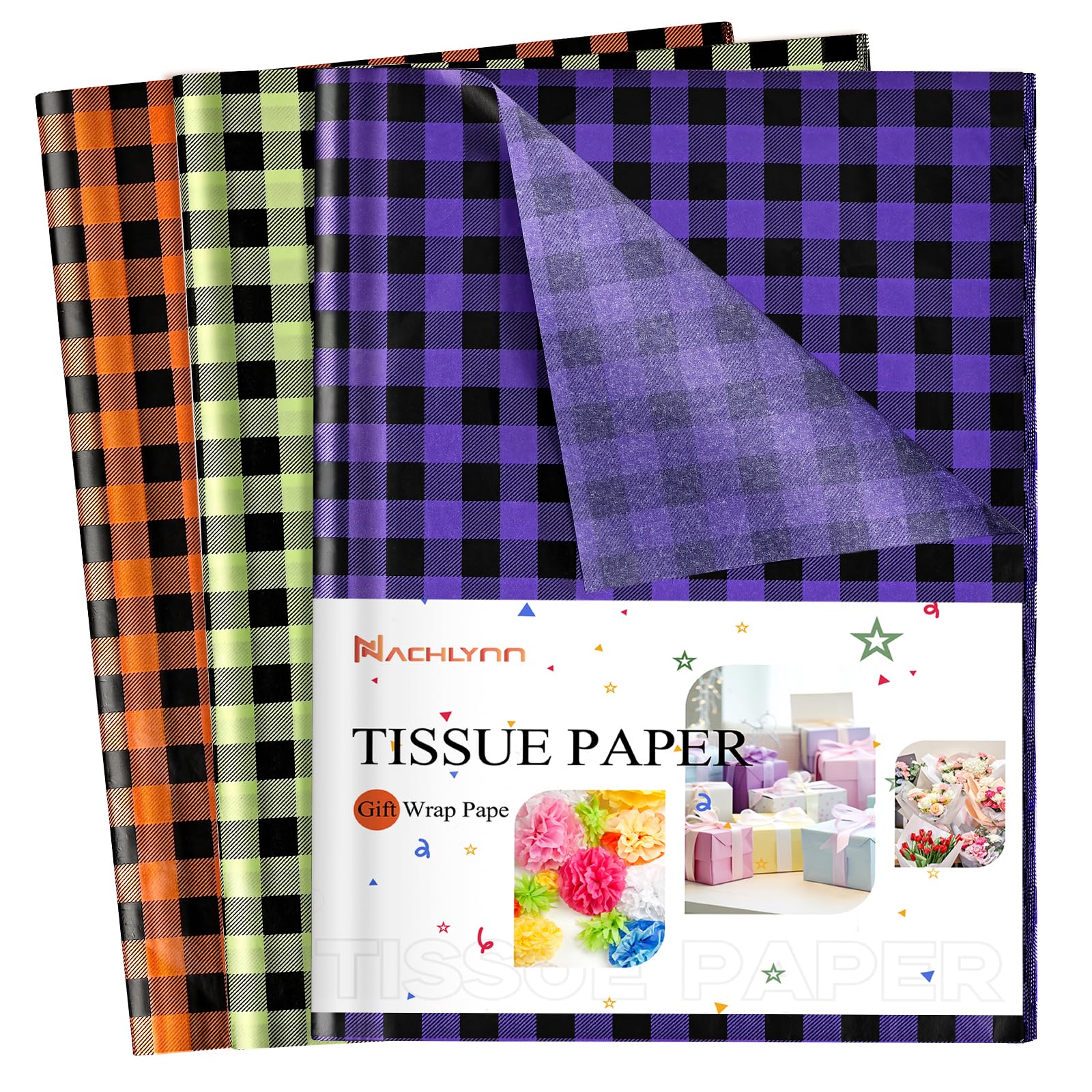 NACHLYNN 90 Sheets Halloween Tissue Paper 14 x 20 Inch Buffalo Plaid Gift Wrapping for Party Decorations - Orange, Green, Purple