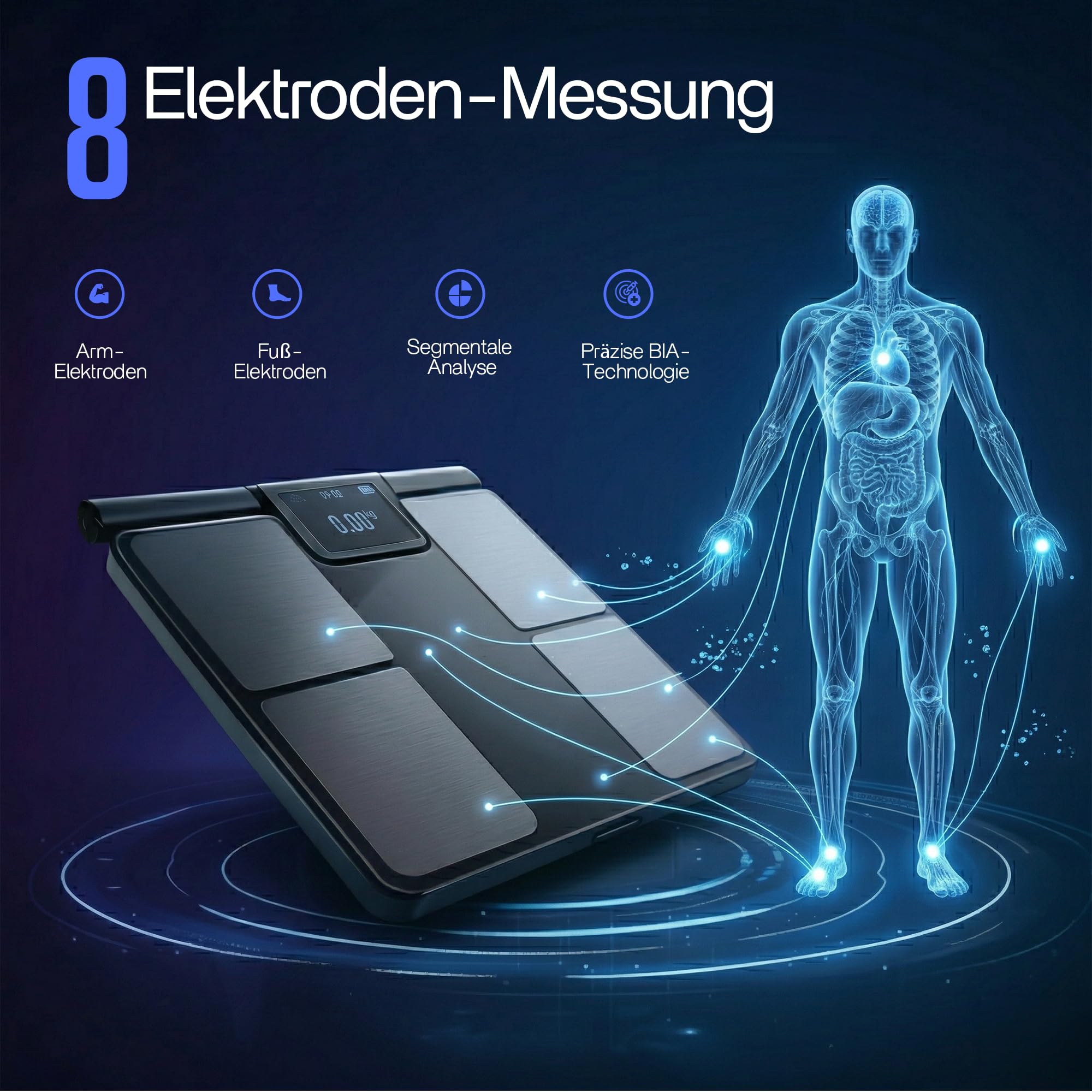 Körperanalyse-Waage – Smart Körperfettwaage mit 58 Gesundheitsmetriken, 8-Elektroden-Technologie, hochpräzise Messung, kostenlose App ohne Abo, Multi-User, Bluetooth & Reportfunktion