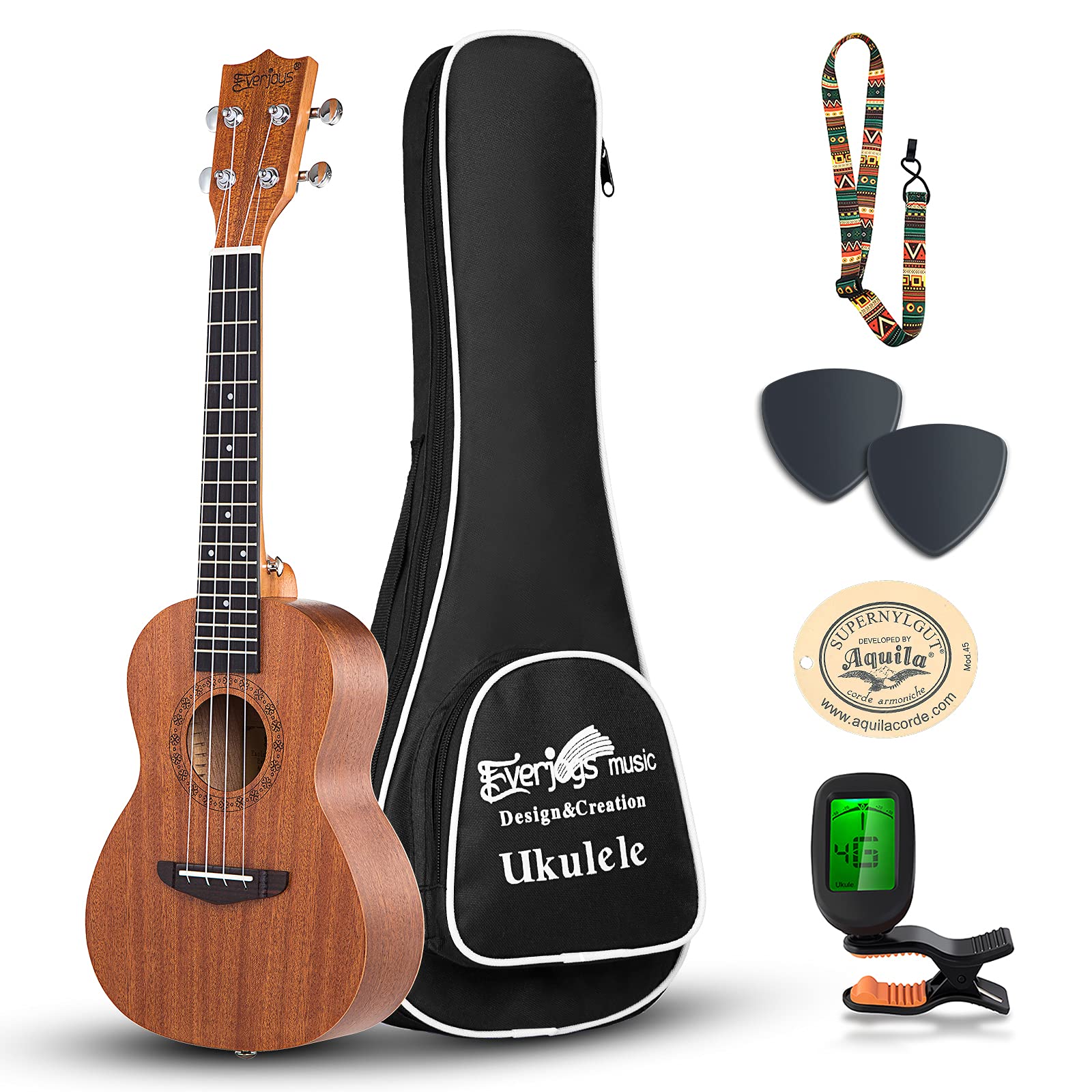 EverjoysConcert Ukulele Mahogany - 23 inch Professional Wooden Ukulele Free Uke Strap Case Digital Tuner picks Aquila String