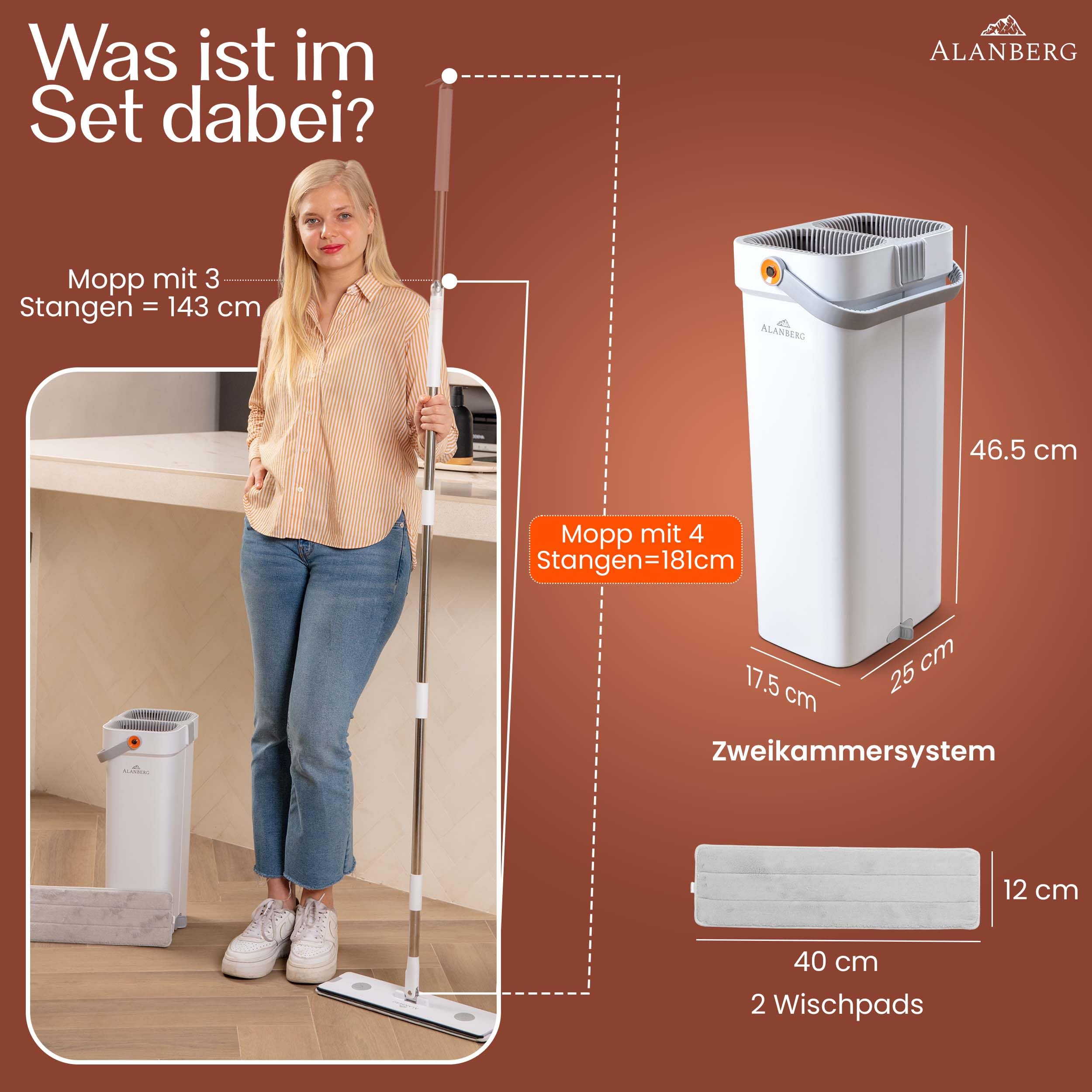 ALANBERG Wischmopp Set mit Eimer, Bodenwischer XL 40 cm, Weiß | Edelstahl-Teleskopstiel 143-181 cm, 2 Mikrofaser-Pads, Selbstauswringung, Tierhaarentferner, für Hartböden
