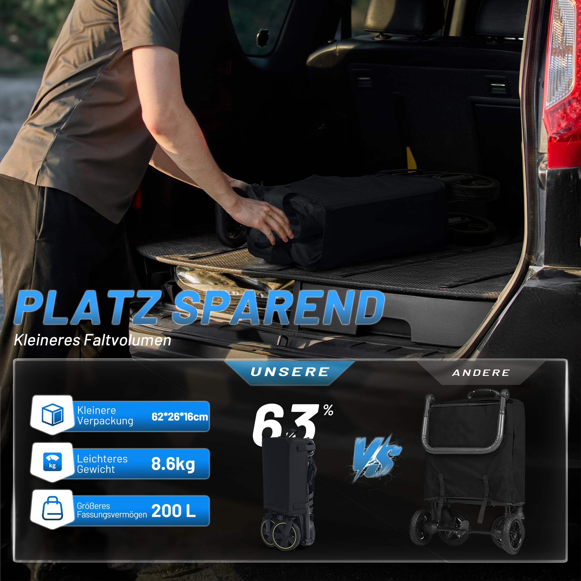 TIMBER RIDGE Bollerwagen Faltbar 200L mit Getränkehalter Verstellbarem Griff, Handwagen Klappbar Transportwagen für Alle Gelände, 150KG Belastbar