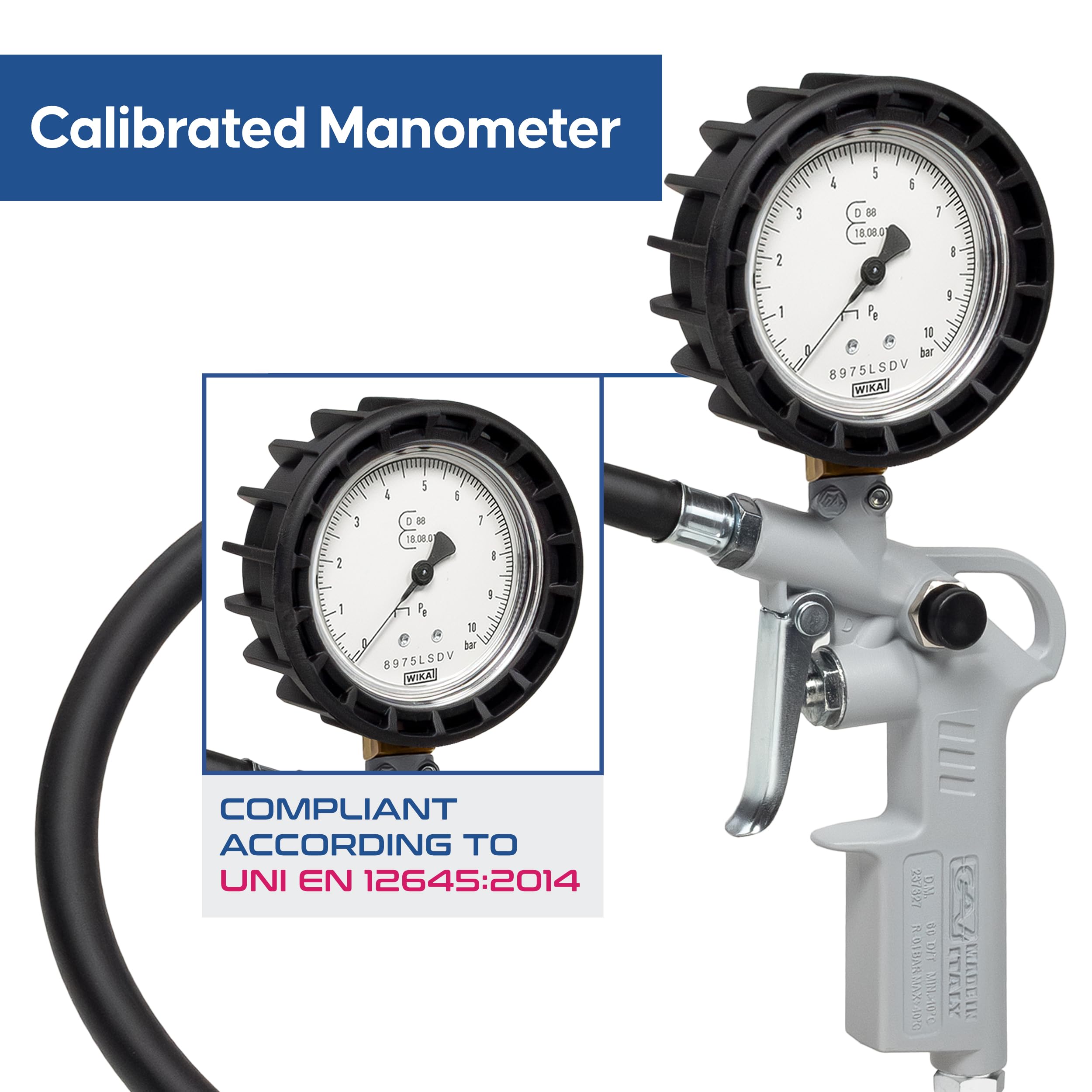 GAV Reifenfüller Messgerät mit WIKA 63mm Manometer - Reifenfüllpistole aus Aluminium - Profi Reifendruckprüfer Druckluft für Auto, Motorrad, Lkw - 60DT - Geeicht
