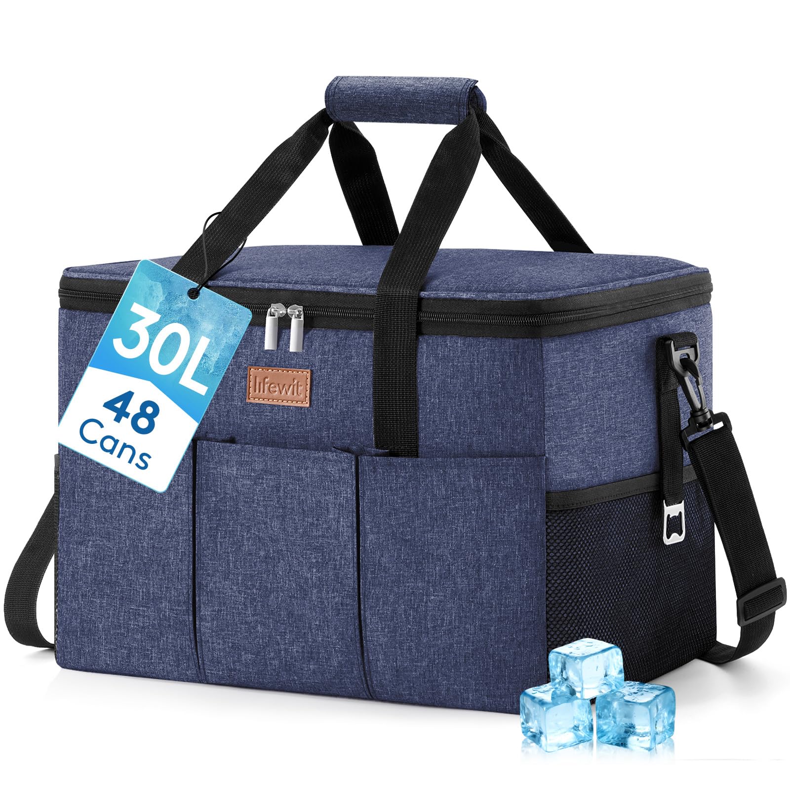 Lifewit 30L Insulated Cool Bag, Large Soft Cooler Bag with 48-Can Capacity, Multiple Pockets & Bottle Opener, Leakproof Thermal Reusable Picnic Beach Bag, Dark Blue