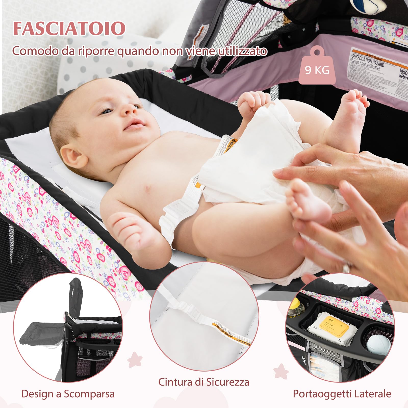 RELAX4LIFE 4 in 1 Lettino Neonato da Campeggio, Culla Next to Me con Fasciatoio, Culla Neonato Fianco Letto, Ruote Bloccabili e Borsa per il Trasporto, per Bambini 0-36 Mesi (Nero+Fiore)
