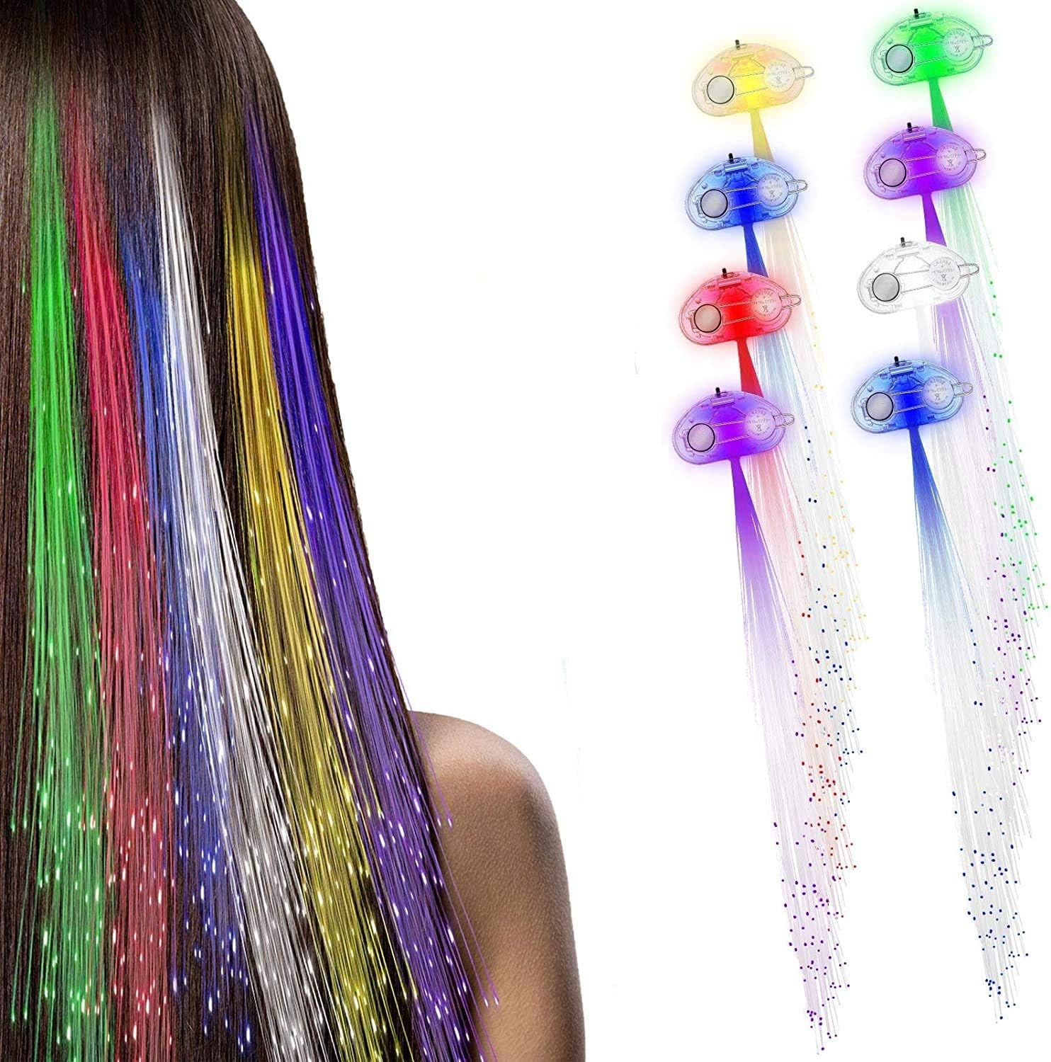 8 Pack LED Hair Extensions Multicolor Changing Flashing Light Up Clips Party Bar Dancing Supplies