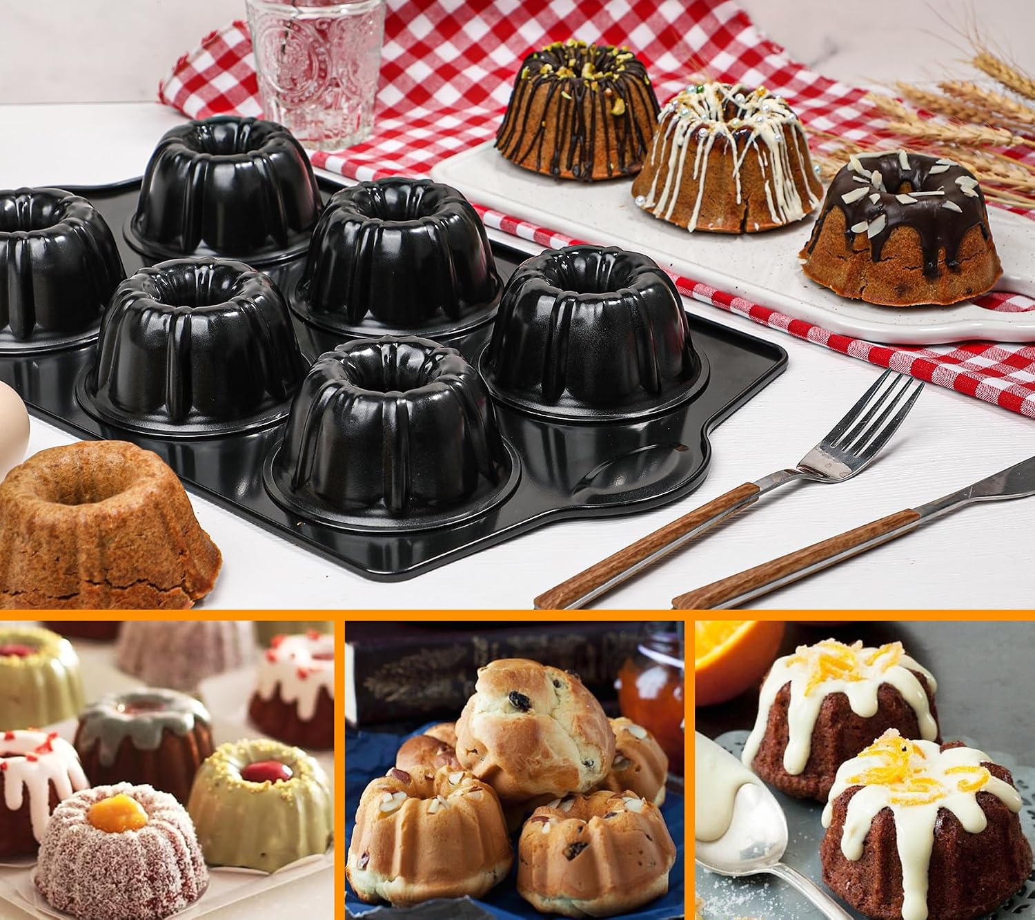 Webake Mini Fluted Cake Pan for Baking, Nonstick 3.5" Small Fluted Cake Pans Heavy Gauge Carbon Steel, 6-Cavity