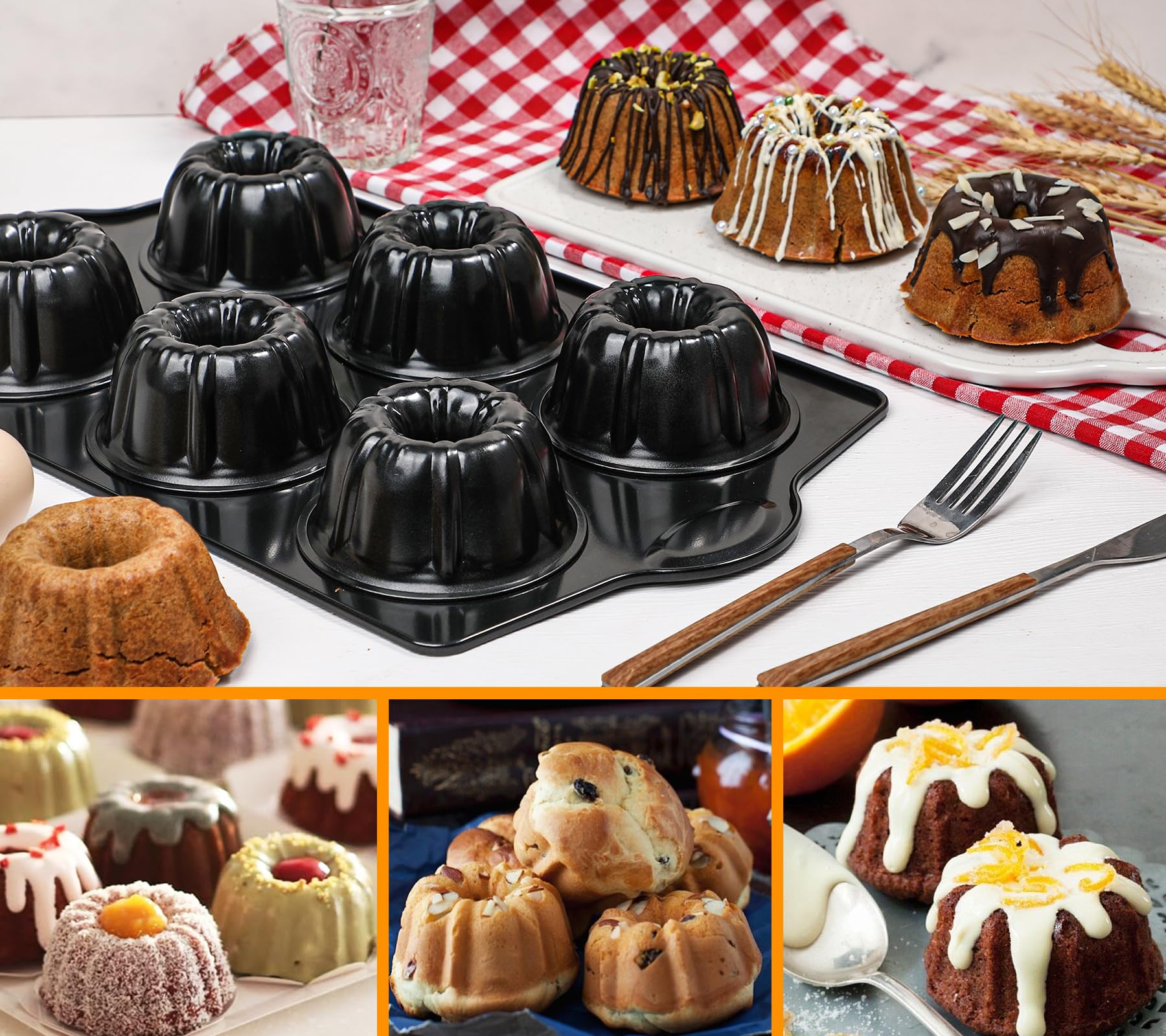 Webake Mini Bunt Moule à gâteau anti-adhésif en acier carbone épais de 8,9 cm à 6 cavités