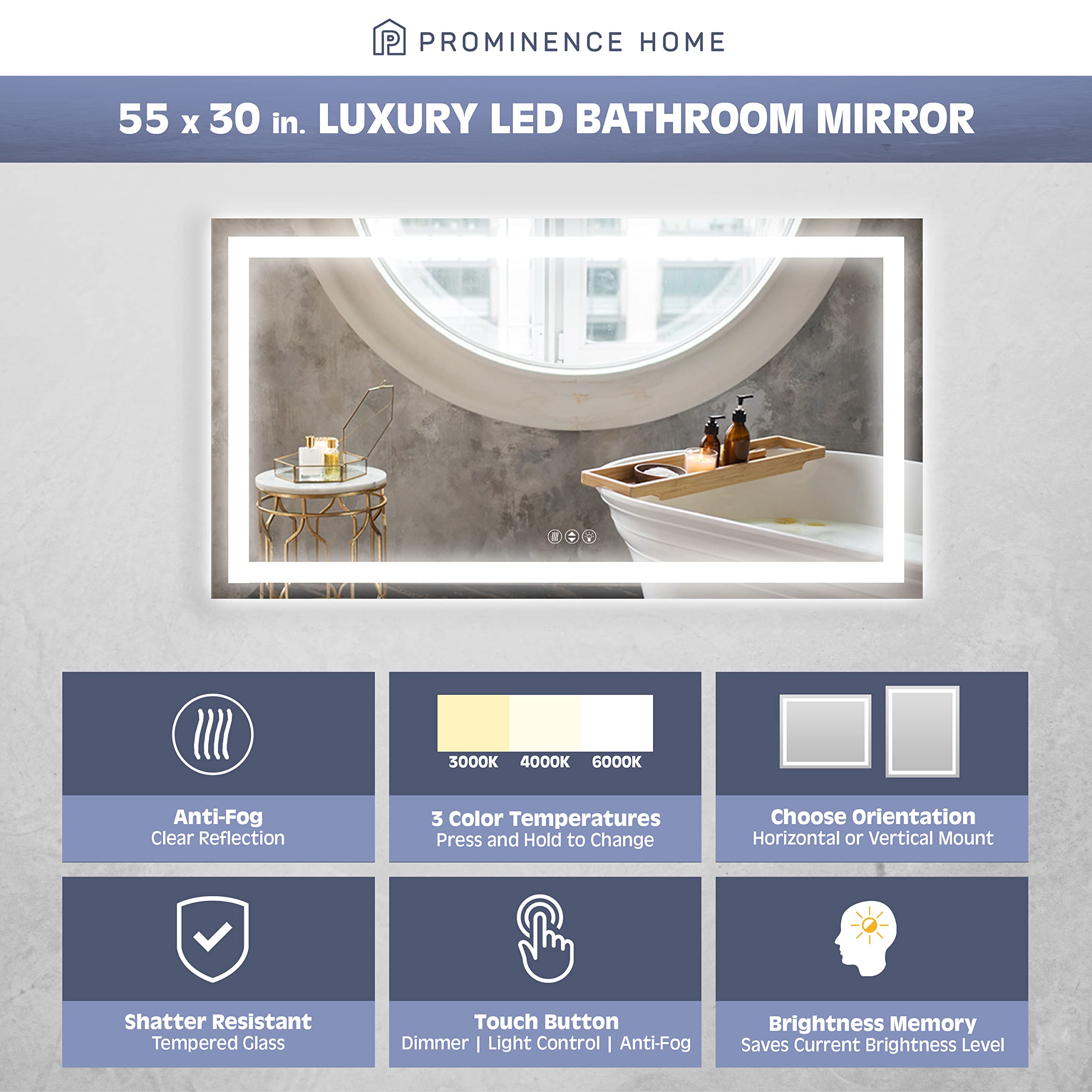 Prominence Home Luxury LED Bathroom/Wall Mirror with Front and Back Light, Anti-Fog, Shatter-Resistant and Adjustable Light Settings, 55 in x 30 in