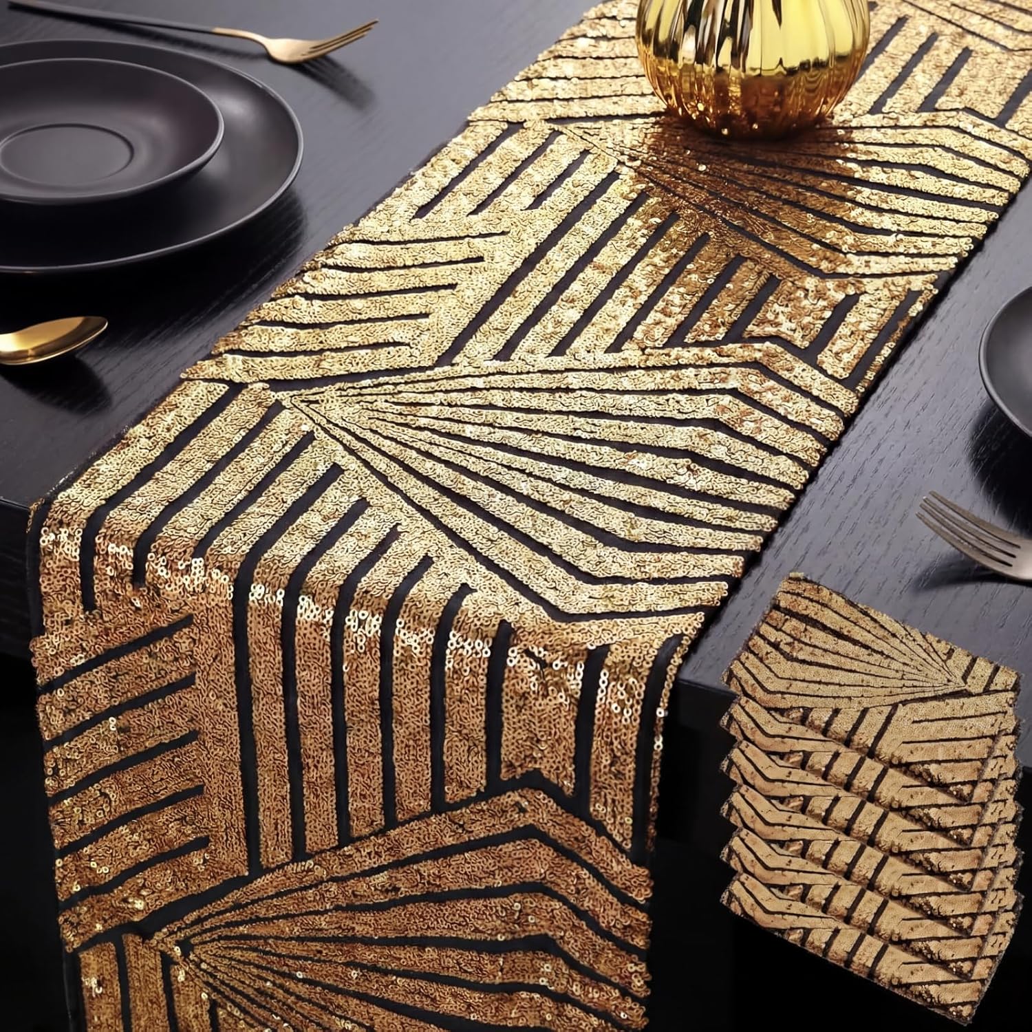 Peryiter 6 Pcs 1920s Party Decorations Roaring 1920's Table Runners 12 x 108 in Great Black and Gold Table Runner Sequin Reusable Tablestrip for Vintage Speakeasy Party Decorations(Classic)
