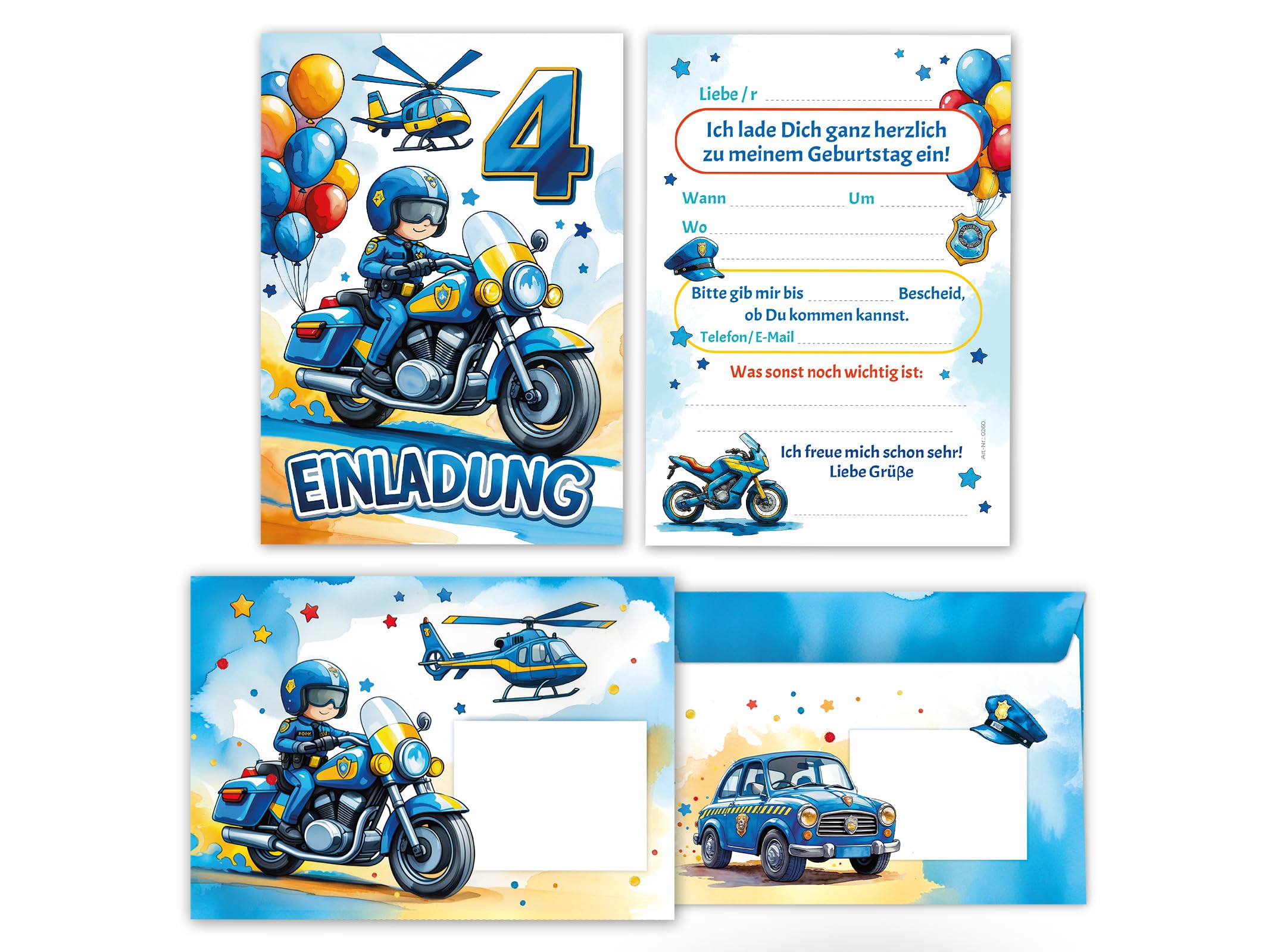 Junaversum 12 Einladungskarten inkl. 12 Umschläge zum 4. Kindergeburtstag Jungen Polizei Junge Kinder coole bunte Einladungen vierte Geburtstag Geburtstagseinladungen Kids