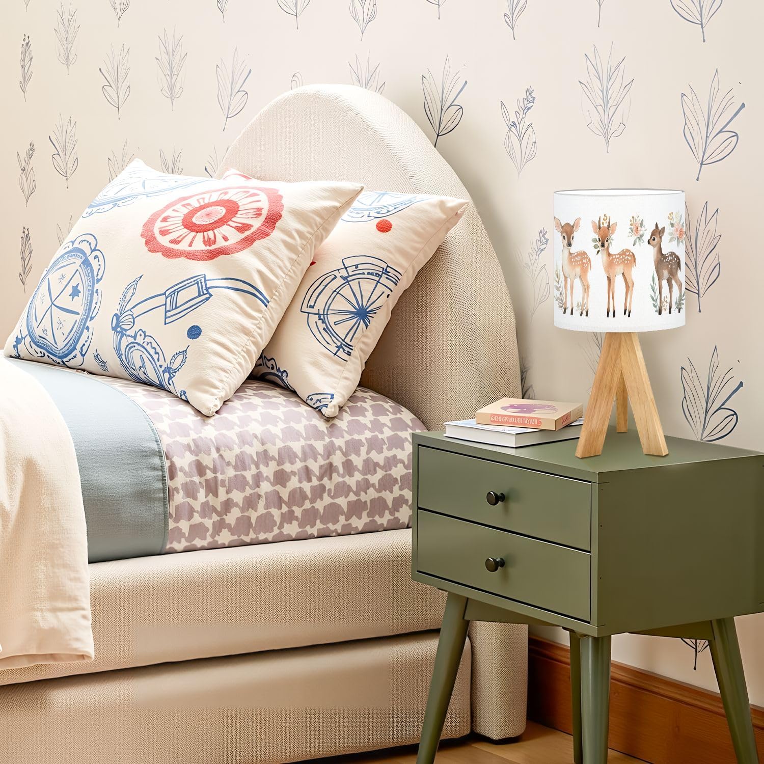 Cute Kids Bedside Desk Table Lamp Baby Deer Watercolor Fawn Forest Animals Nursery 16 Colors Multi Children Nightstand Lamp, Tripod Small Night Lights Linen for Nursery Room Bedroom Dorm Decor