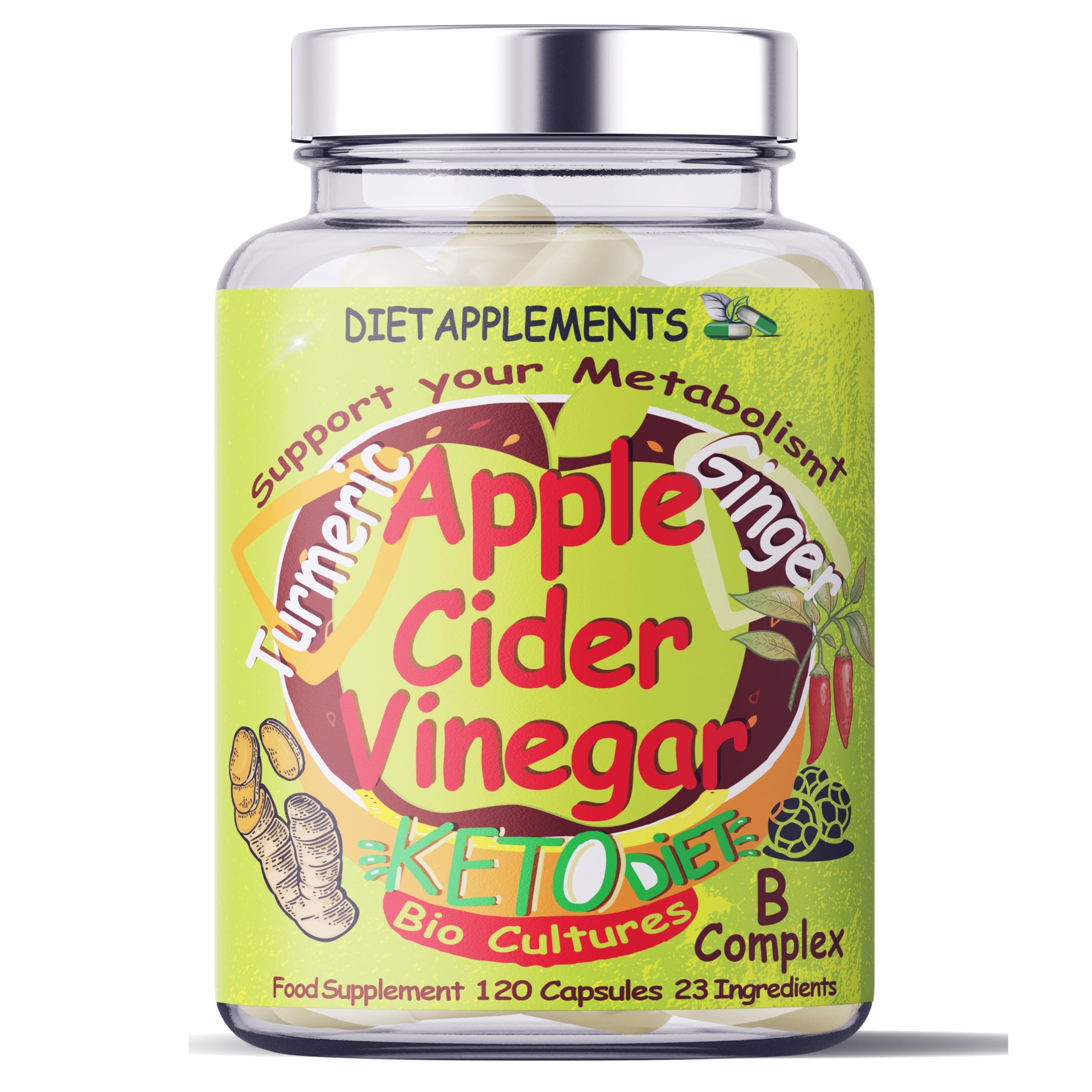 Raw Unfiltered Apple Cider Vinegar with The Mother, Turmeric 1400mg, Ginger, Black, Cayenne Pepper, Bio Cultures. 2775mg/serving. Metabolism Vitamins. Vegan Vegetarian High-Strength Complex. (1)