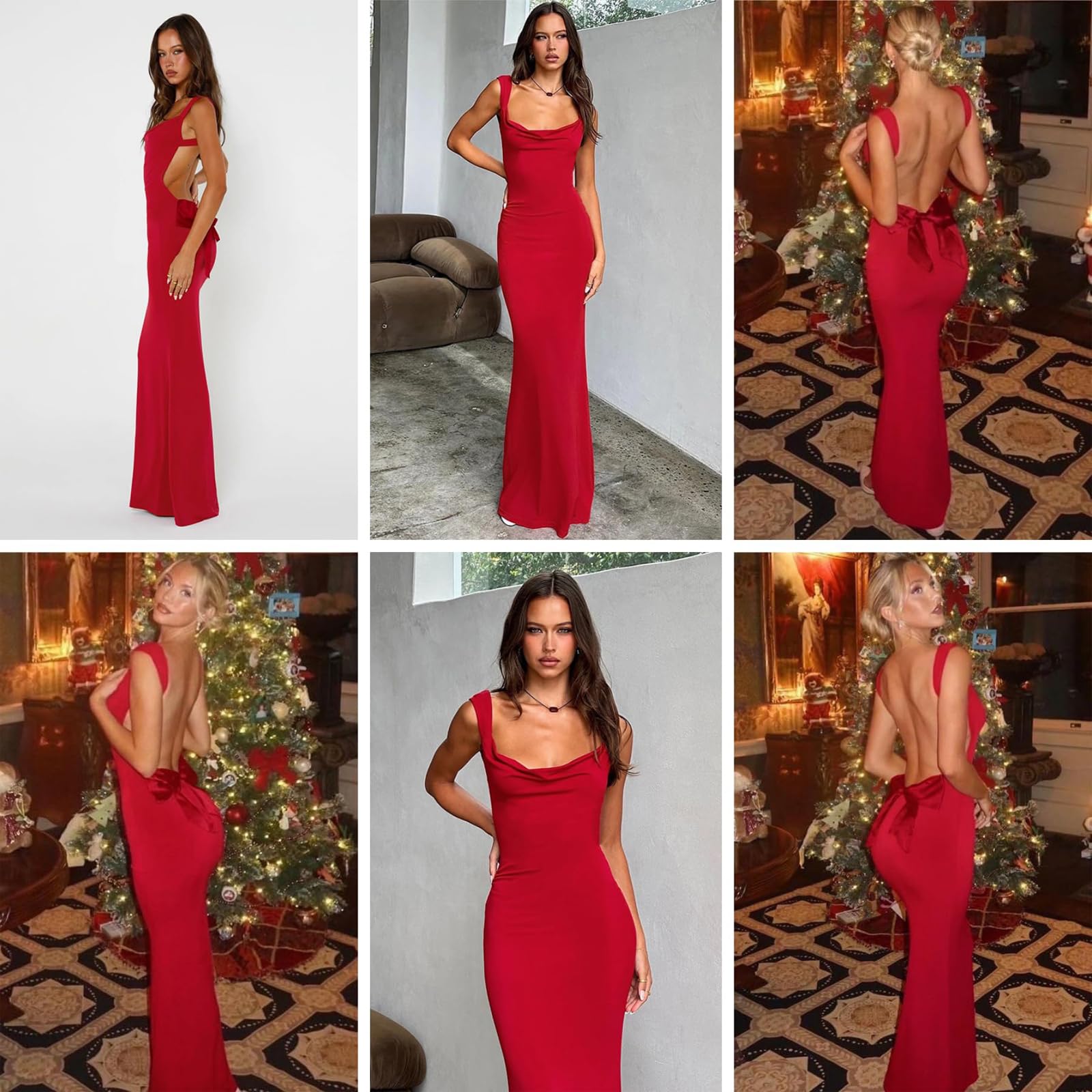 Robe Femme Longue Sexy Dos Nu Maxi Robes sans Manches Elégant Robes Moulante Col en Carrée Bodycon avec Nœud Papillon d'Été Robe de Soirée Cocktail Club Party Cérémonie