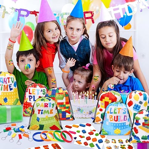 Miniatura 8 de Winrayk 12 juegos de bloques de construcción, regalos de fiesta, suministros de cumpleaños para niños, bolsa con cordón, pulsera, llavero, pegatina,