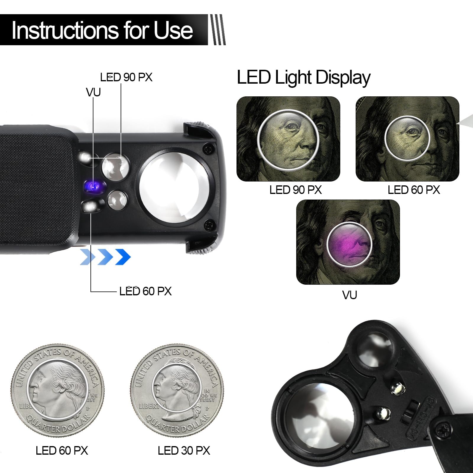 Lupa jubilerska z oświetleniem, 2 sztuki 30x / 60x / 90x lupa LED, soczewka powiększająca do biżuterii, kamieni szlachetnych, monet, znaczków, skałek, z ściereczką do okularów, lupa składana (czarny)