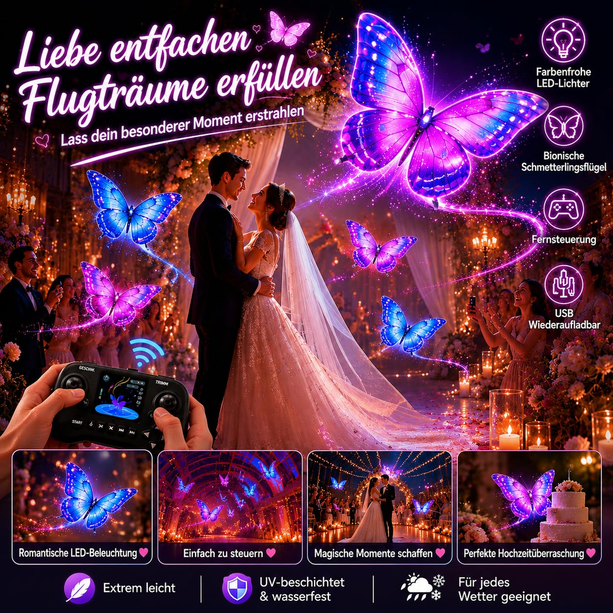 RC Bionic Butterfly Ornithopter Drohne mit Sensorunterstützung LED Beleuchtung batteriebetrieben Bunte Schmetterlingsflügel lustiges Flugspielzeug für drinnen und draußen Geschenk(Purple)