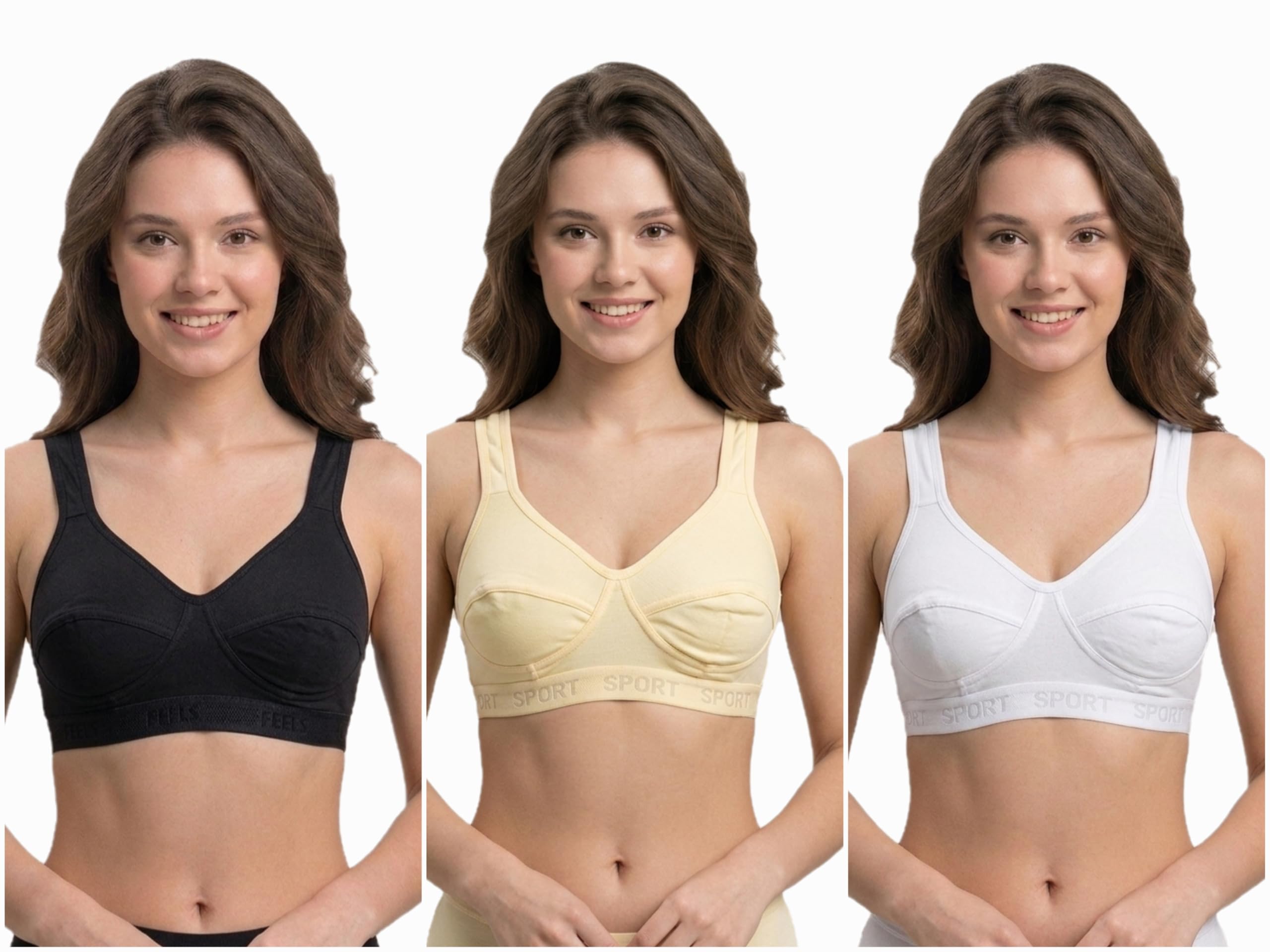Women's Non-Wired Sports Bra, Pack of 3, White/Black/Cream-picture-36