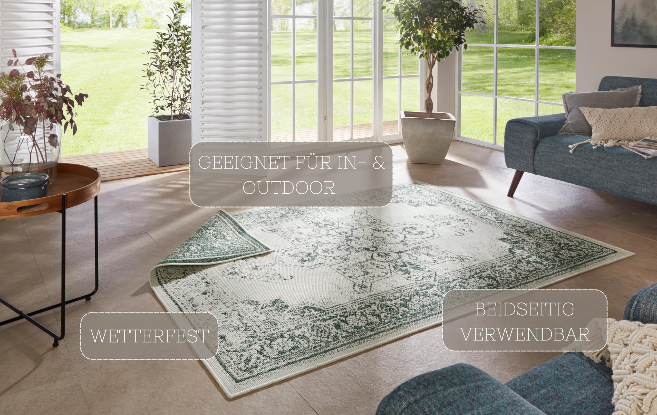bougari Borbon Tapis réversible pour intérieur et extérieur, Crème Verte., 160 x 230 cm