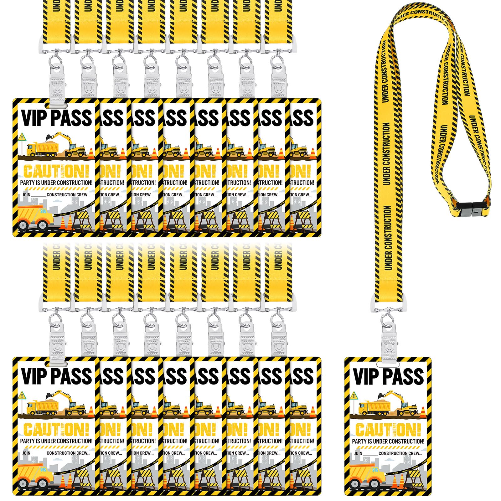 MotiMind 30 Sets Construction Theme Party Favors VIP Pass with Lanyards Bulk PVC Construction Crew VIP Pass with Yellow and Black Lanyards for