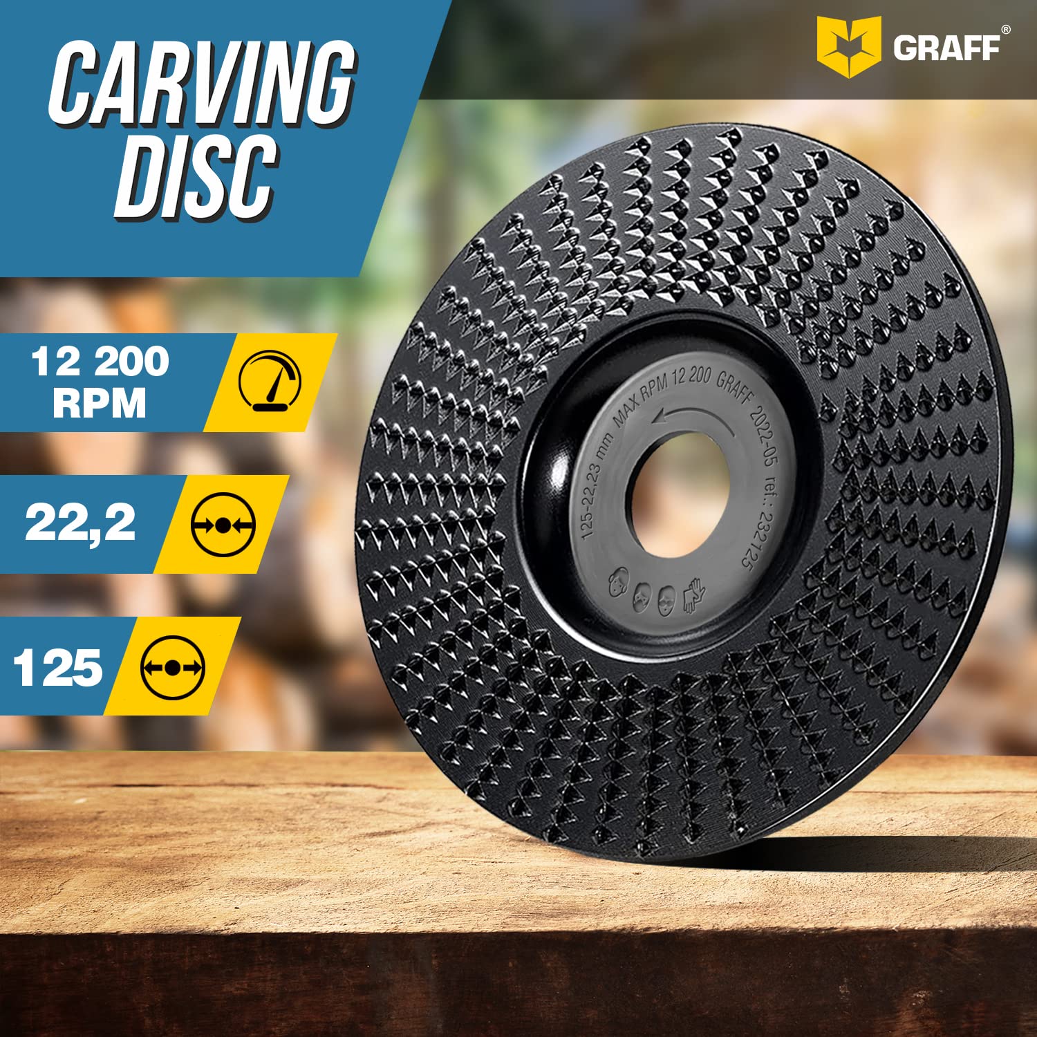 Intaglio Legno Mola Disco 125mm x 22.23mm – Disco Raspa per Intagliare e Levigatura Legno Conifere, Duro – Disco Abrasivo Lucidatura Modellatura – Mola per Smerigliatrice Angolare GRAFF