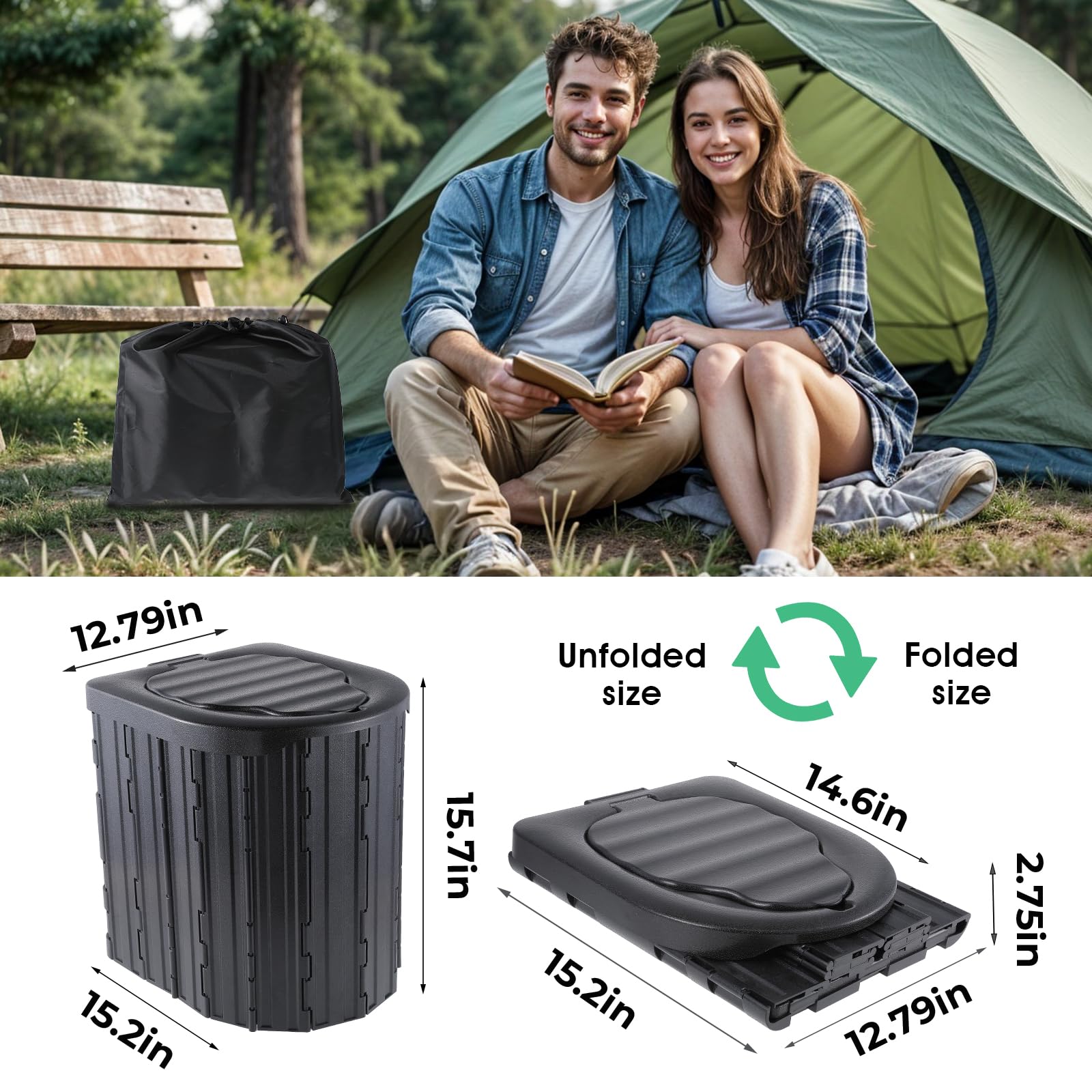 WC da campeggio, WC portatile per adulti, WC da campeggio con borsa, vasino da viaggio per campeggio, escursionismo, viaggi su strada, auto, tenda, camionisti (nero) 40 cm (altezza)