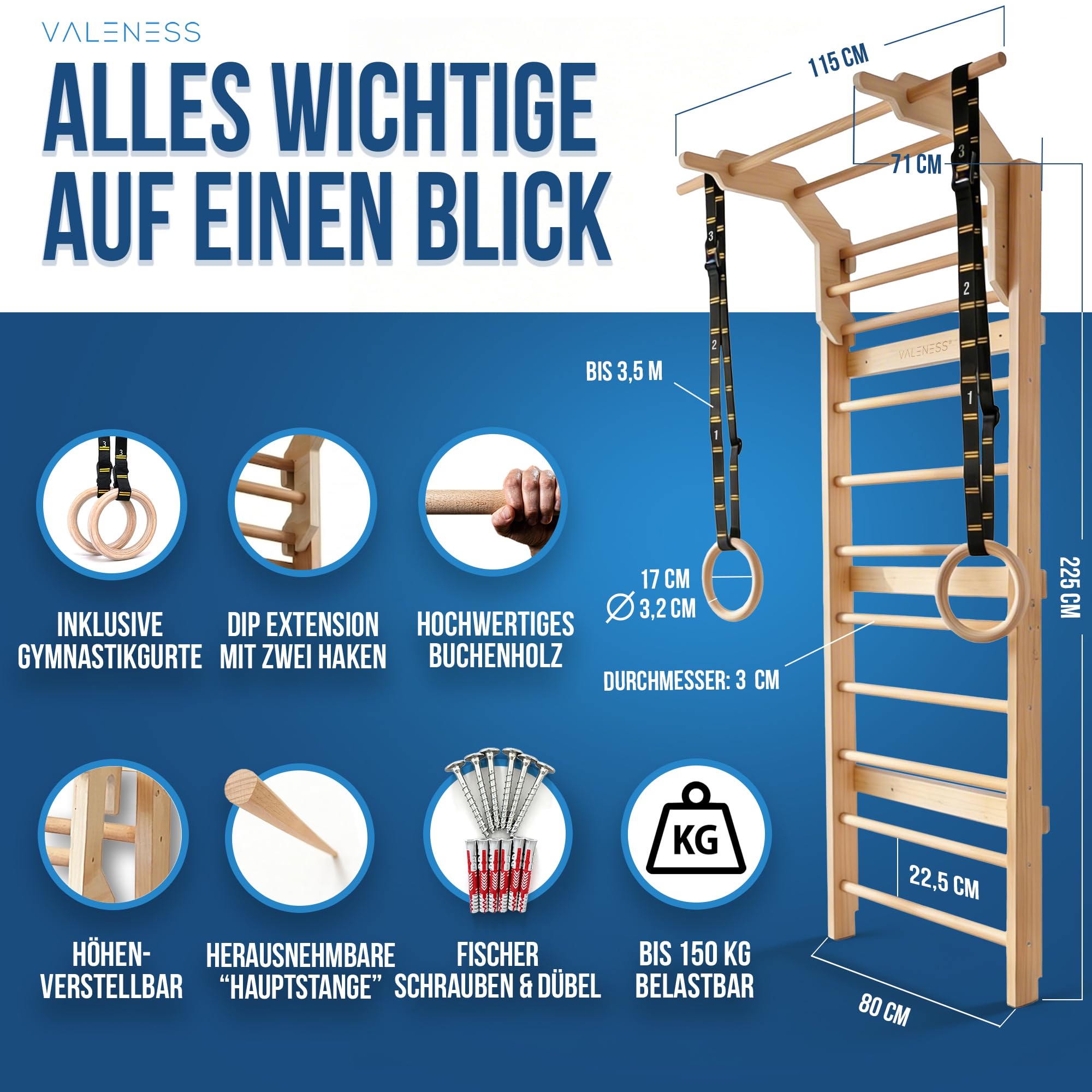 VALENESS® NEU Sprossenwand aus Holz mit Klimmzugstange, Dip-Station & 2 Turnringen – höhenverstellbar, für Erwachsene & Kinder – Kletterwand Indoor fürs Kinderzimmer & Home Gym, bis 150 kg