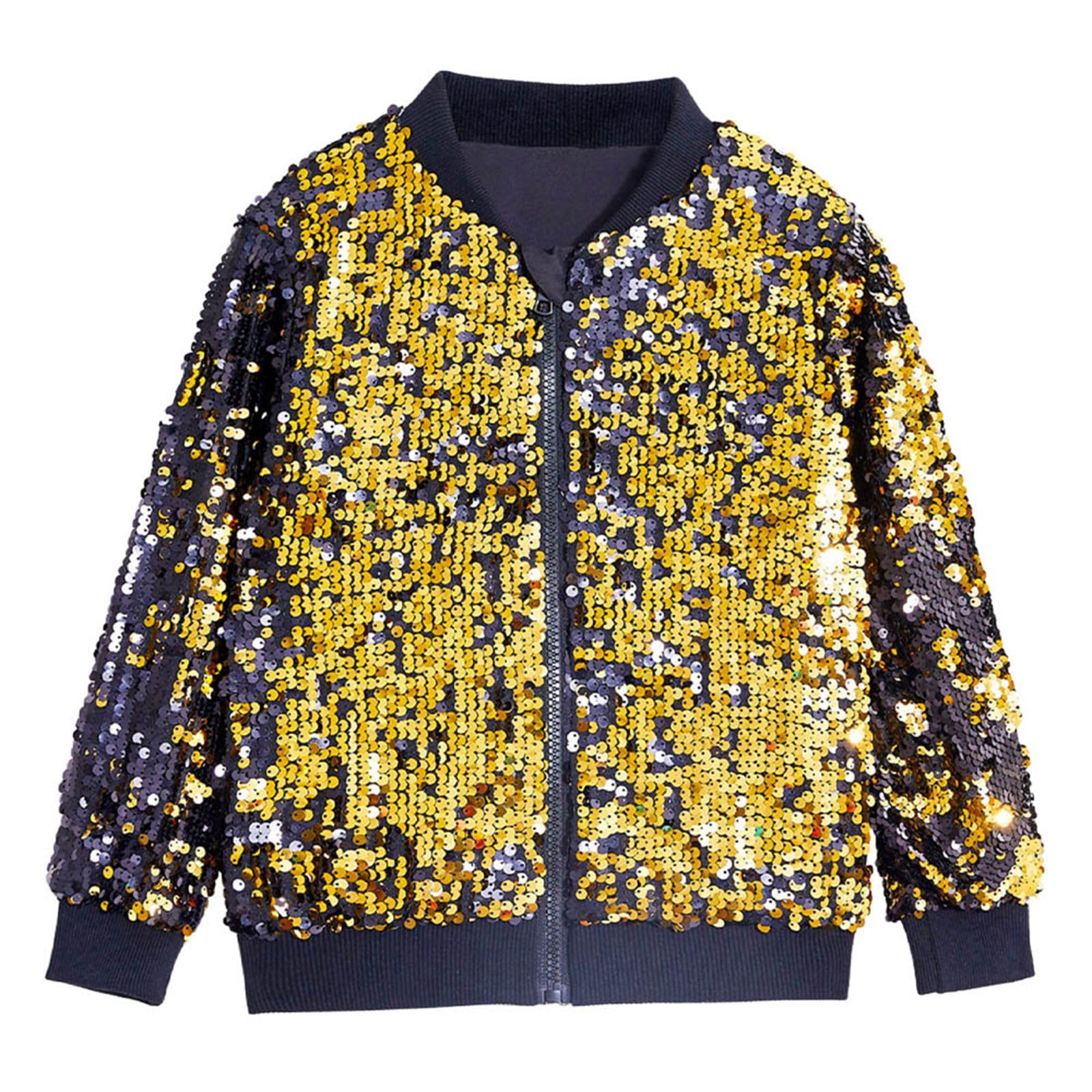 Giacca con paillettes scintillanti, con cerniera, tinta unita, a maniche lunghe, abbigliamento festivo per bambini, per Natale, occasioni speciali, cappotto corto alla moda dal design elegante (oro