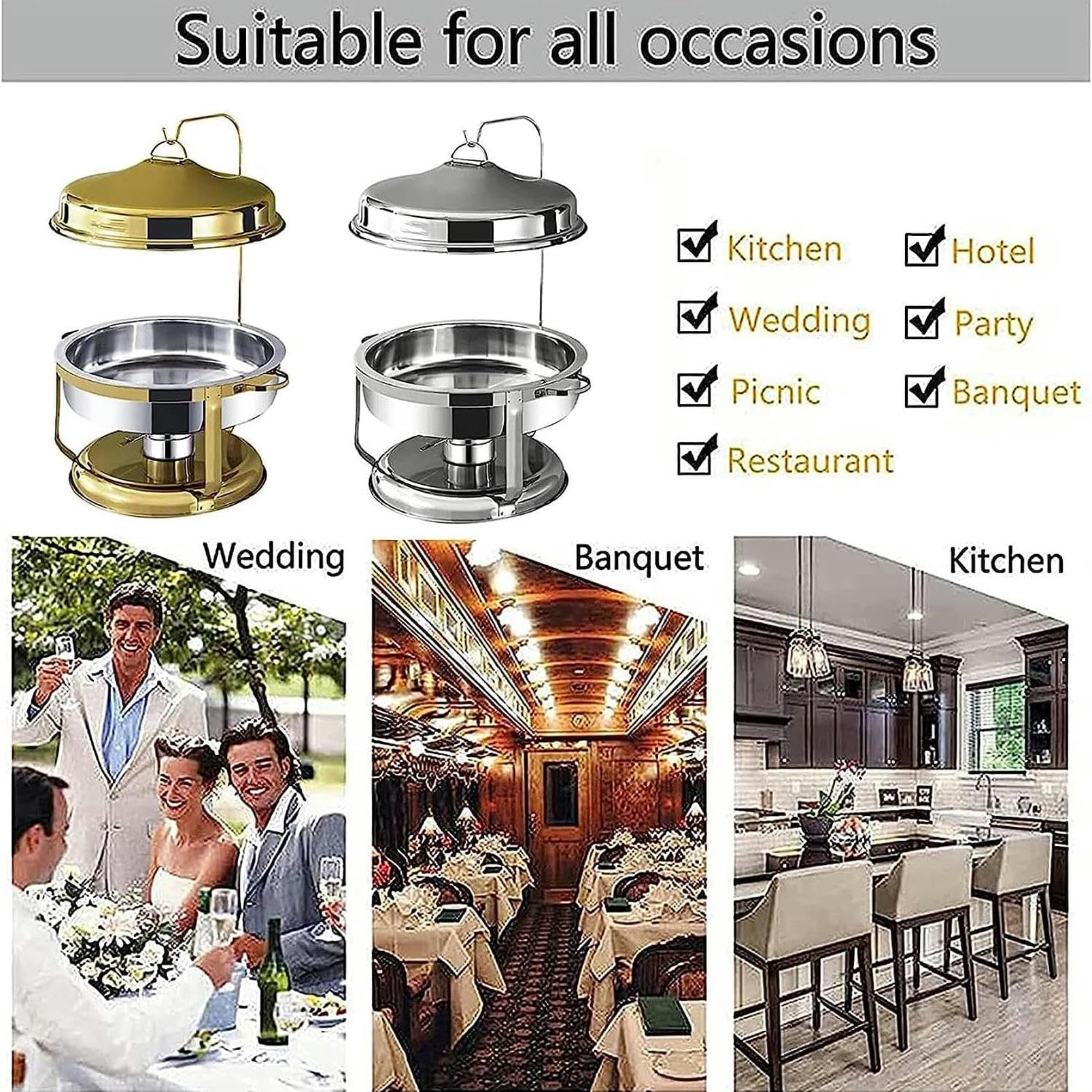 Chafing Dish Rotondo In Acciaio Inossidabile Da 9 Litri, Scaldavivande E Scaldavivande Di Dimensioni Standard Con Teglia Per Alimenti, Contenitori Per Combustibile E Coperchio Per Catering Per Feste,