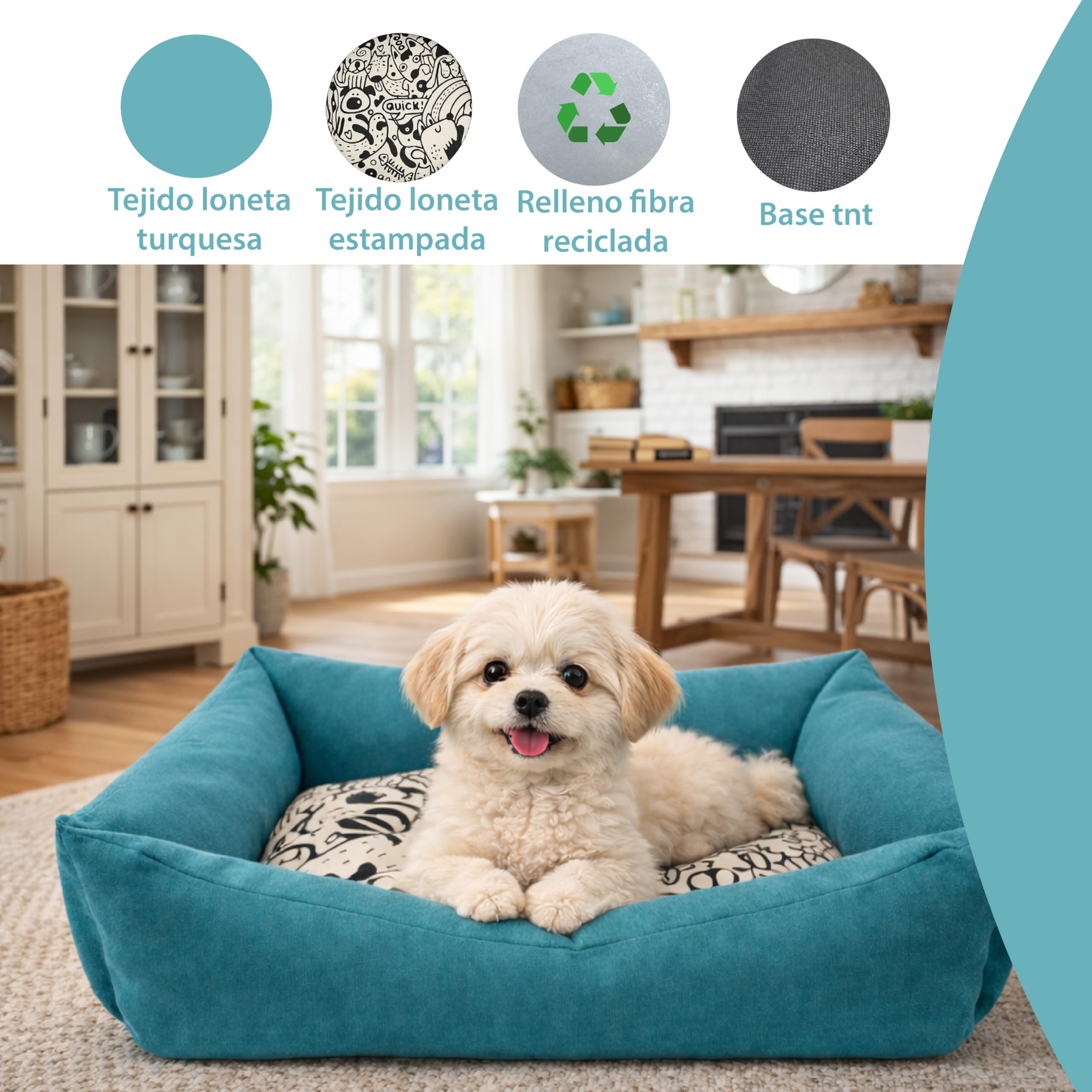 Cama para Perros Pequeños DOG'S T-2 de Loneta Resistente -55x45x14 cm. Descanso Ergonómico y Relajante para tu Mascota. Sofá con Funda Extraíble Lavable con Relleno Reciclado, Azul Turquesa