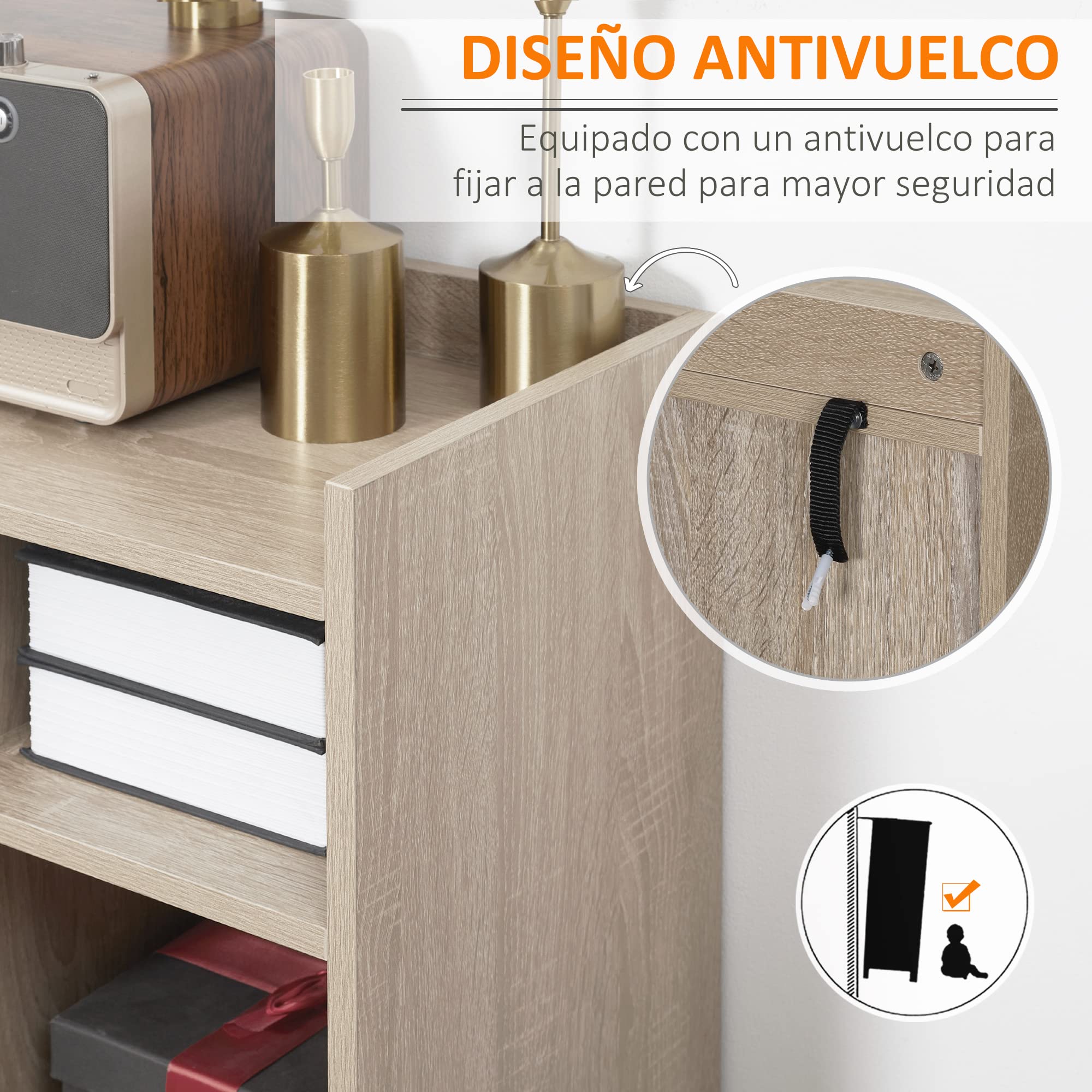 HOMCOM Aparador de Salón Moderno Mueble Auxiliar 80x30x96,5 cm Natural | 2 Puertas, 1 Cajón, 3 Estantes Abiertos, Almacenaje, para Cocina Dormitorio Entrada, Antivuelco