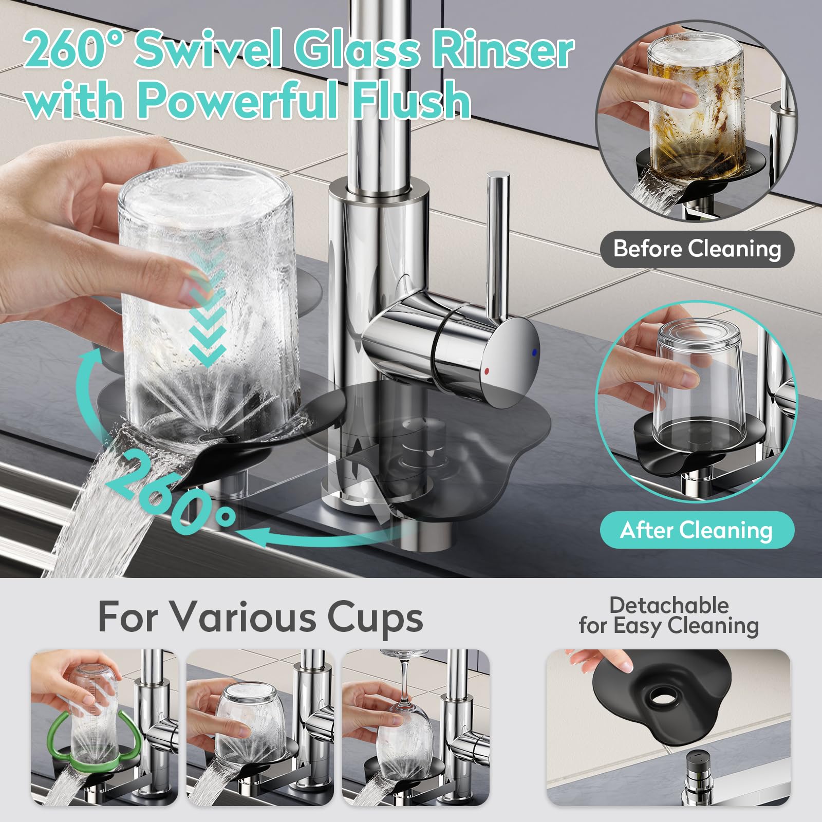 KAIYING Grifo mezclador de cocina con arandela de vidrio, 4 modos de pulverización, grifo de fregadero de cocina extraíble de alta presión con 1 agujero con enjuague de vidrio, grifo de acero