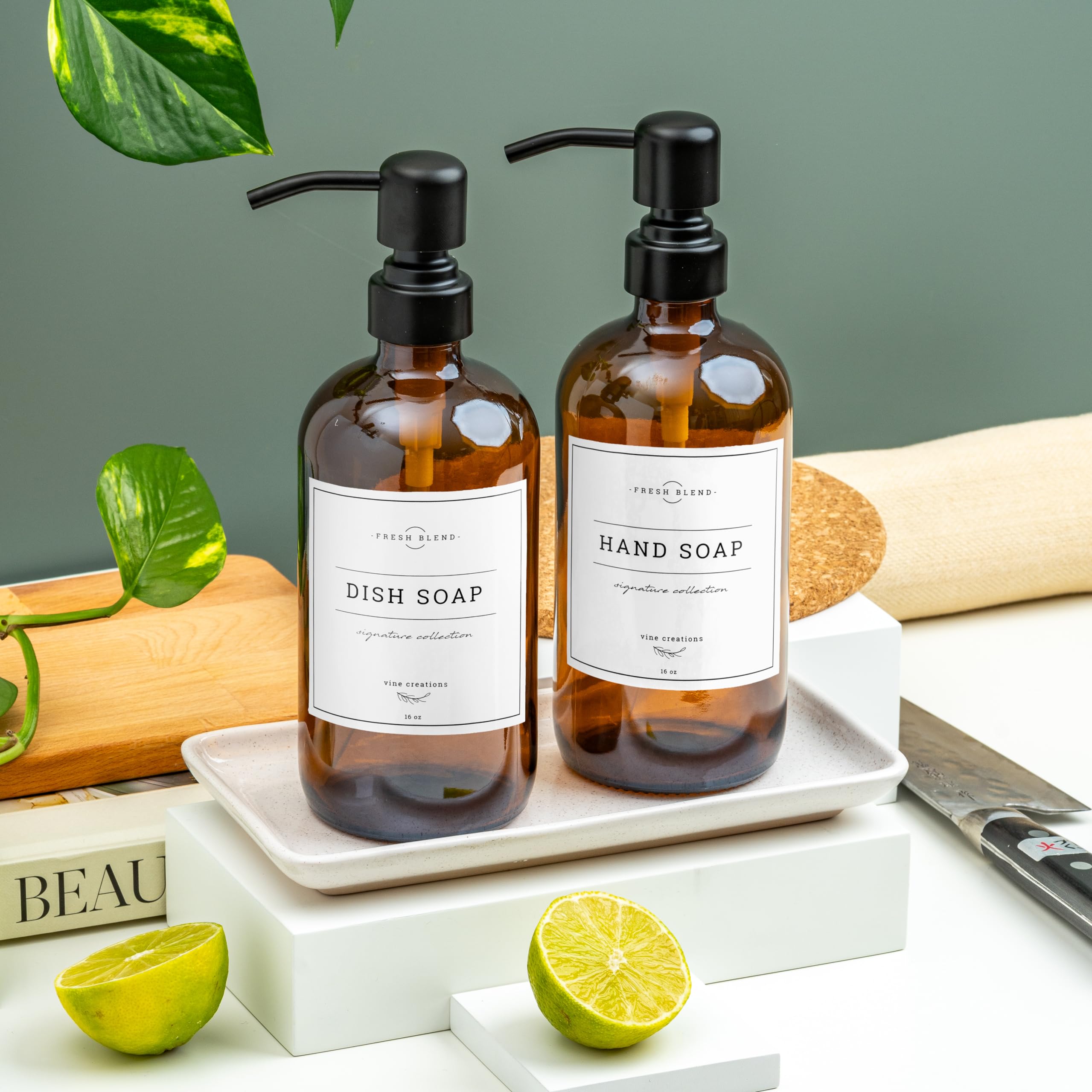 Vine Creations Bernsteinglas Seifenspender, 2 Pack Küche Seifenspender Set mit Keramikschale, Edelstahlpumpe, Spülseifenspender für Küche, Handseifenspender mit Wasserdichten Etiketten