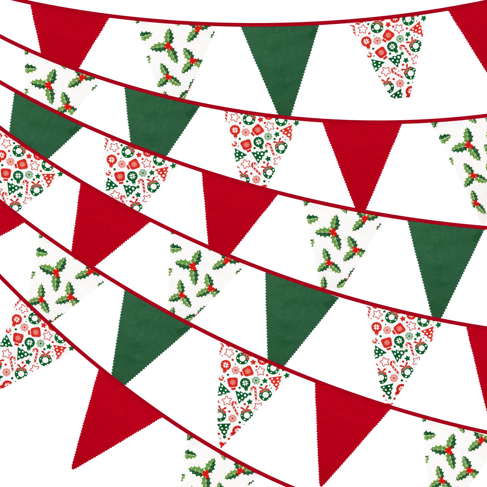 36PCS Red and Green Fabric Christmas Bunting Banner Xmas Pennants Banner Triangle Flag Vintage Xmas Bunting Christmas Parties Decoration for Fireplace Door Window Wall