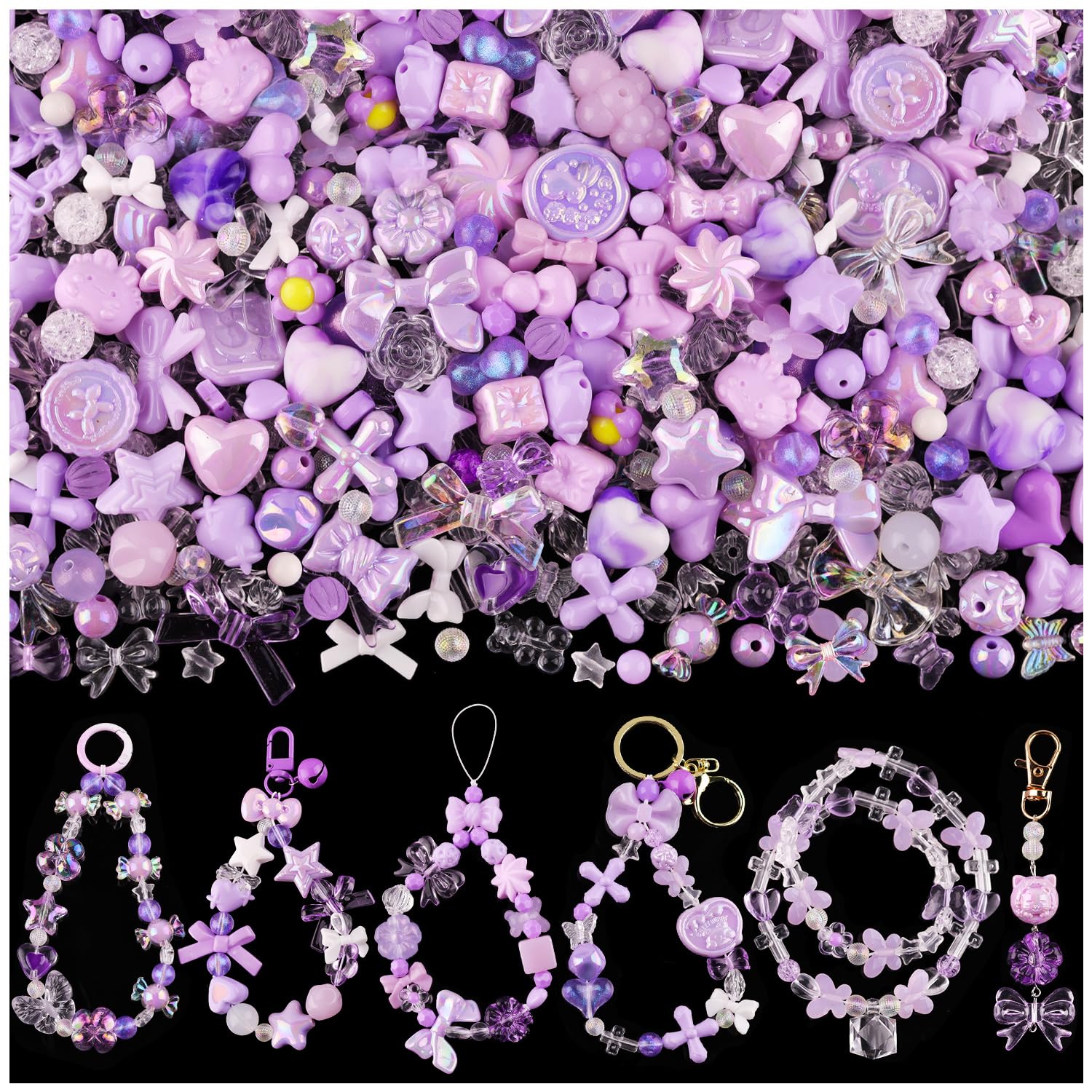 Assorted 170-230PCS Purple Acrylic Beads for Bracelet Making, Flower Bow Butterfly Candy GummyBear Aesthetic Bracelet Charms,Cute Beads for Jewelry Making DIY Necklace Keychain Phone Charm