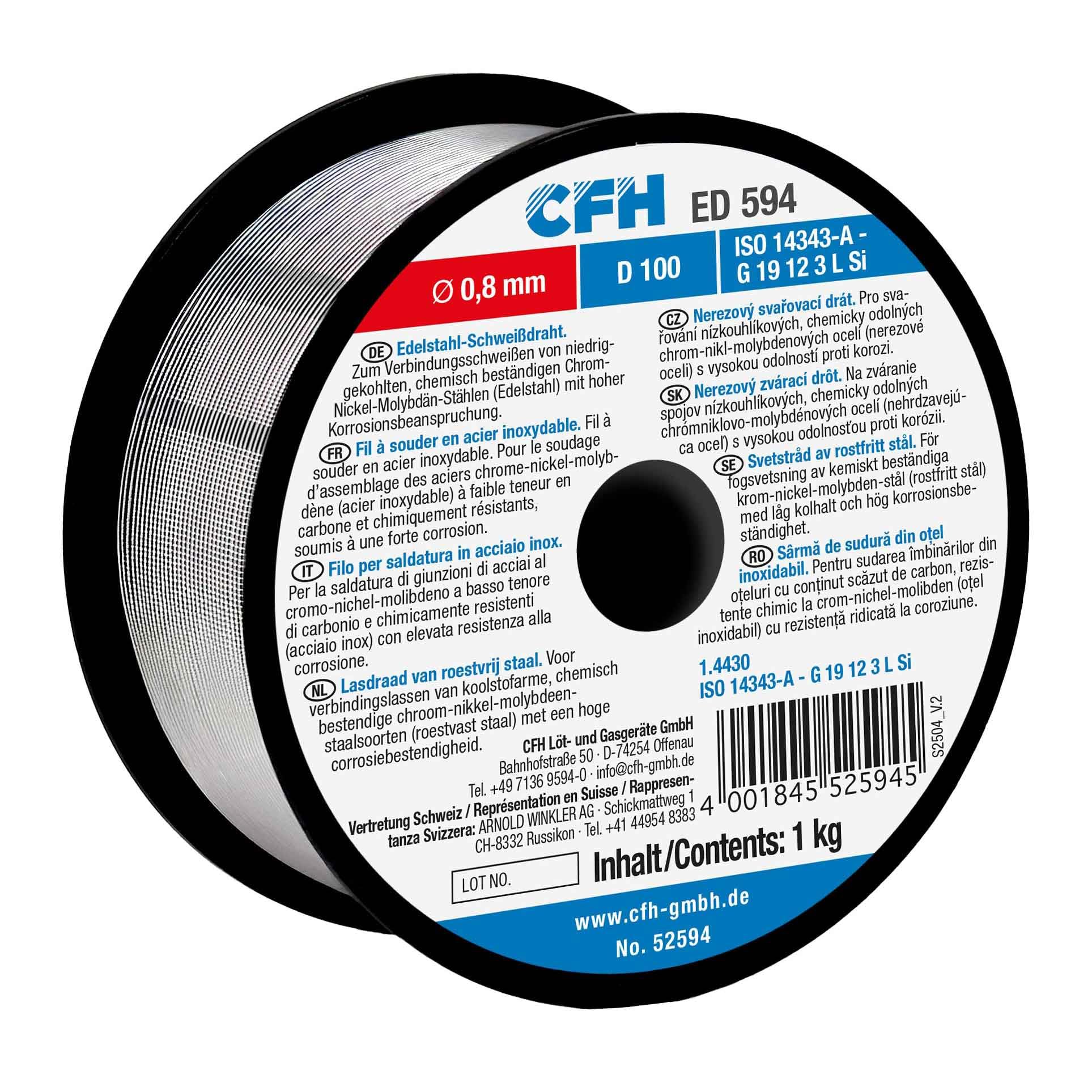 CFH Edelstahl-Schweißdraht Ø 0,8 mm ED 594 – 1 kg Spule – MIG/MAG Schweißdraht für CrNiMo-Stähle mit hoher Korrosionsbeständigkeit