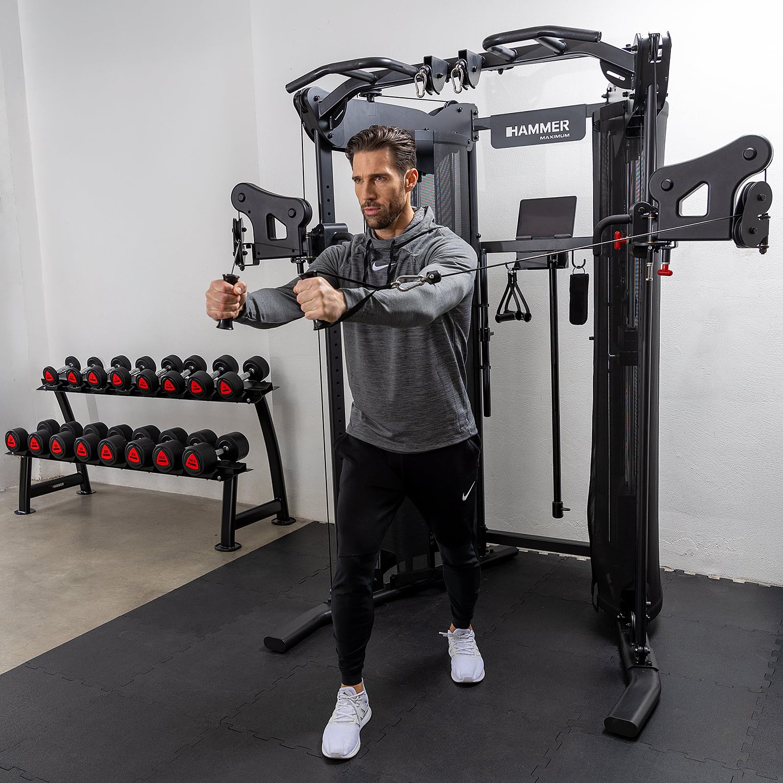 HAMMER Kraftstation Autark 9.0, kompakte Fitnessstation für zu Hause, Fitness-Tower mit Doppel-Seilzugsystem und zusätzlichen 2 Kabelzügen, 2 x 80 kg Gewichtsblöcke, Home Gym Sport Gerät, Zubehör-Set