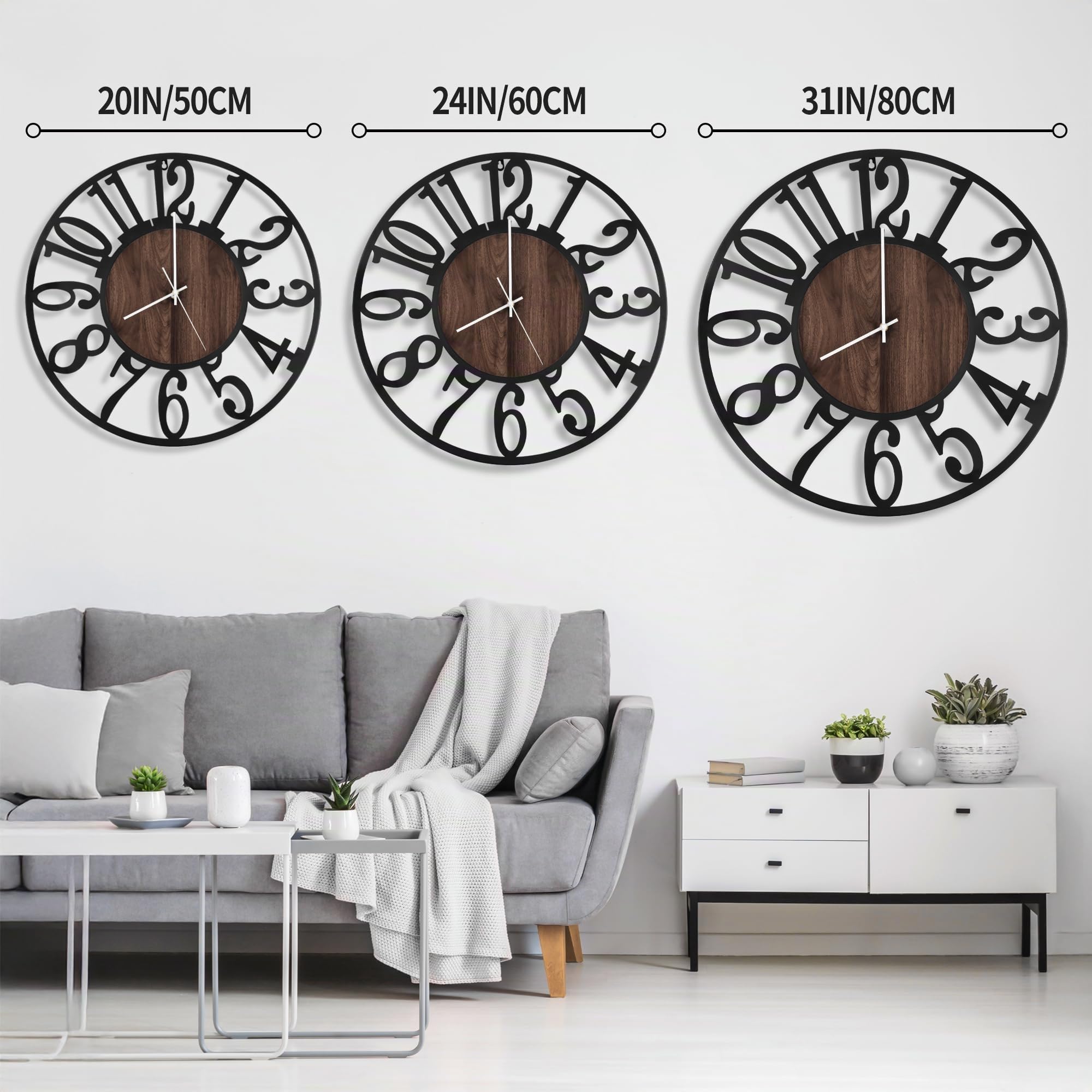 Maxstar Reloj de Pared 80CM para Salón a Pilas, Silencioso, Estilo Madera Metal, LED Moderno Dormitorio/Oficina (Números Arábigos, Negro-32)