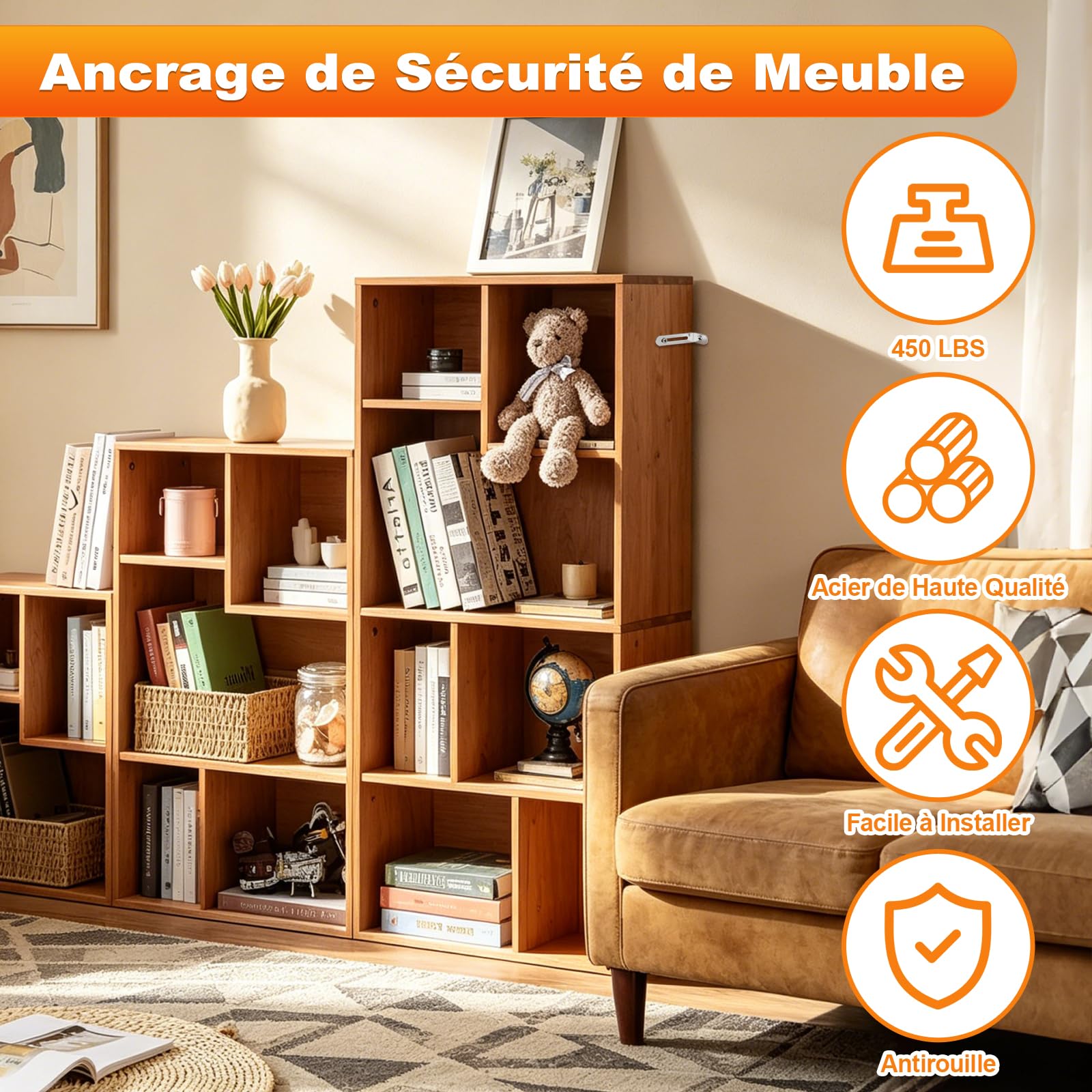 Kit Anti-Basculement Meuble, 12 Ancrages de Sécurité pour Armoires, Penderies, Argent