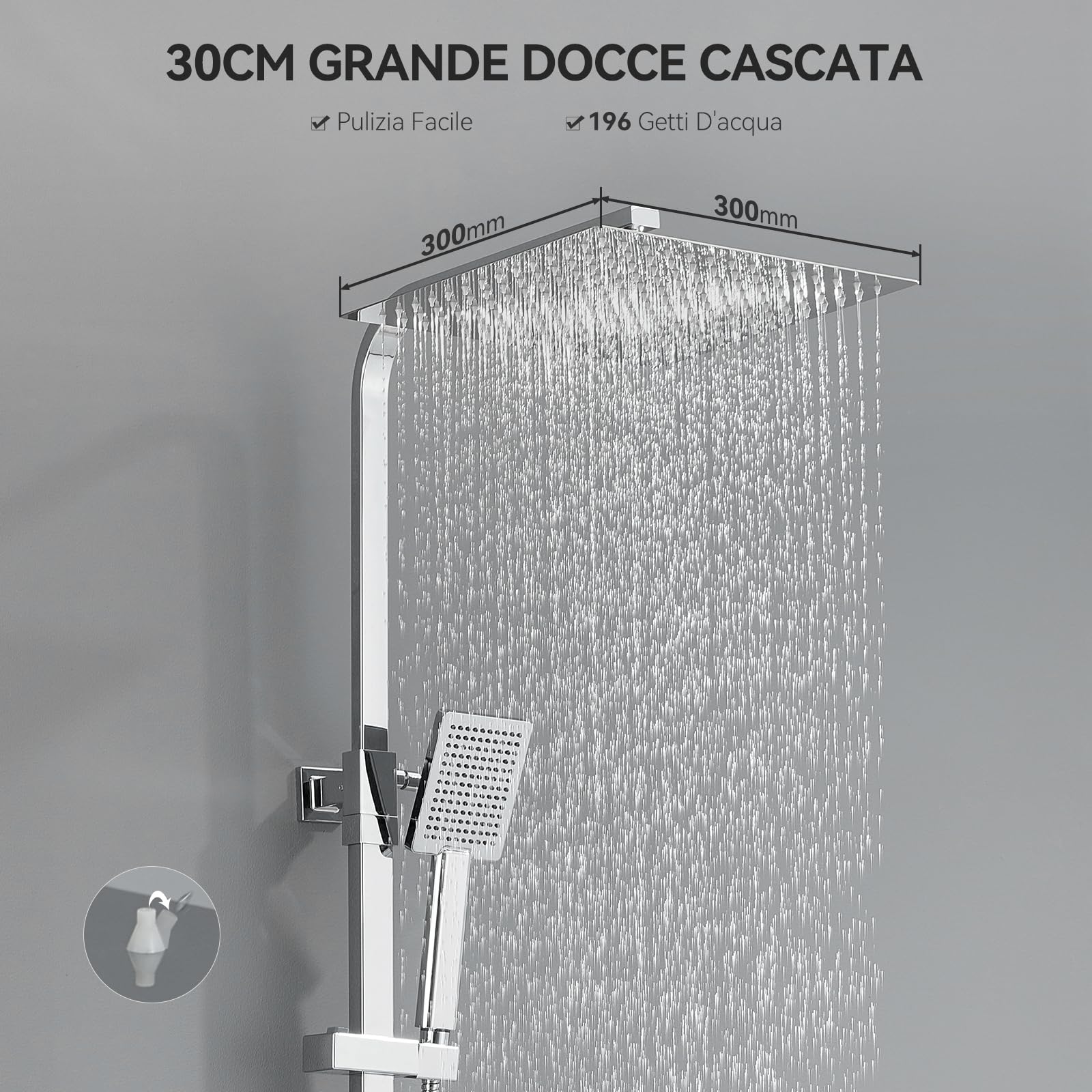 Auralum Colonna Doccia con Miscelatore Termostatico, Miscelatore Doccia Esterno Ottone, Colonna Doccia con 30x30cm Soffione Doccia e Doccetta, Asta Saliscendi Doccia Altezza Regolabile 80-124cm, Cromo