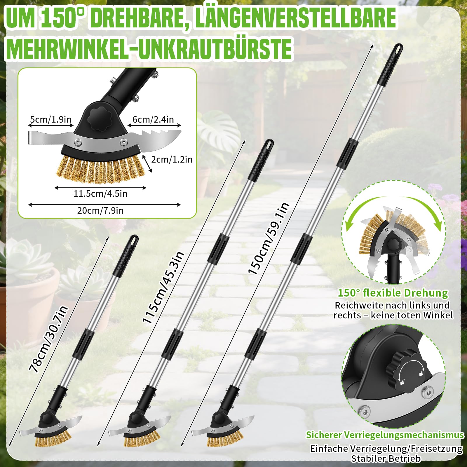 Hysagtek Garten Fugenkratzer - 3-in-1 Fugenbürste Unkraut, 150cm Verstellbarer Unkrautentferner mit Stiel, Fugenreiniger mit Moosbürste und 2 Edelstahl-Schabern Garten, für Treppen, Terrassen, Gehwege