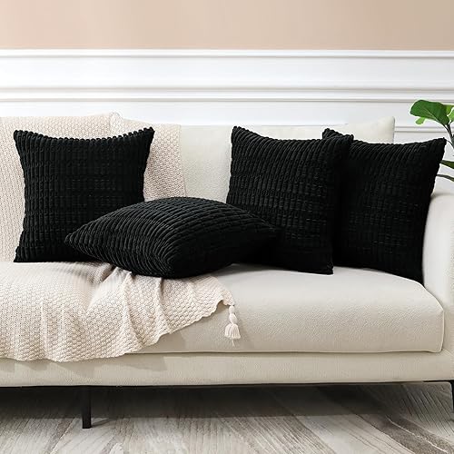 Miniatura 3 de OTOSTAR Juego de 4 fundas de almohada decorativas de pana suave de 18 x 18 pulgadas, fundas de almohada cuadradas a rayas bohemias para decoración