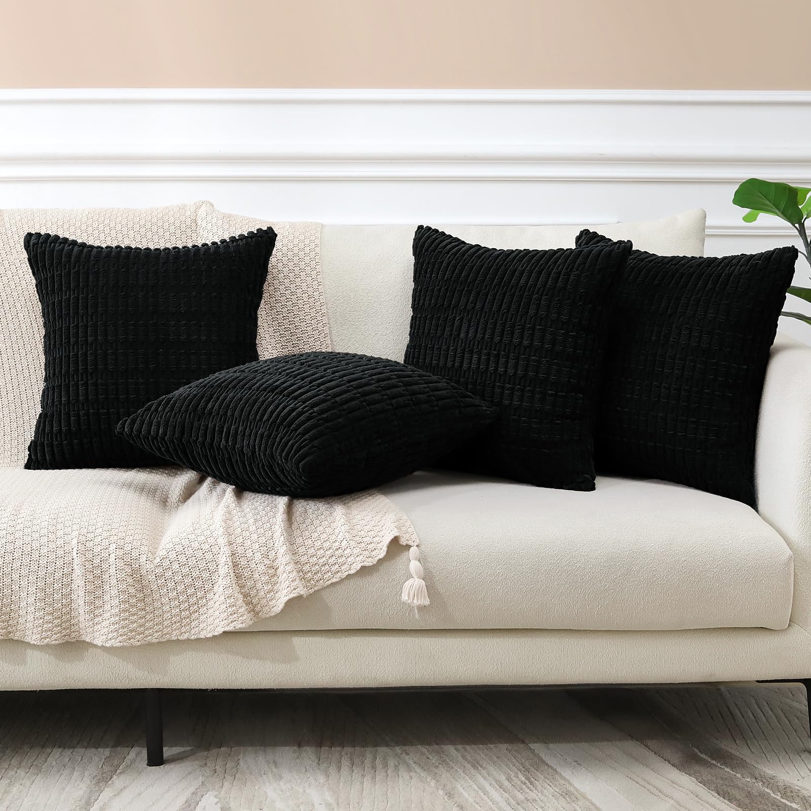 Sungeek Set of 4 Soft Corduroy Decorative Cushion Covers 45x45cm Square Striped Throw Pillow Covers 18x18 Inch for Sofa Couch Living Room Patio Farmhouse Boho Home Decor Pillowcases (Black) - Image 4